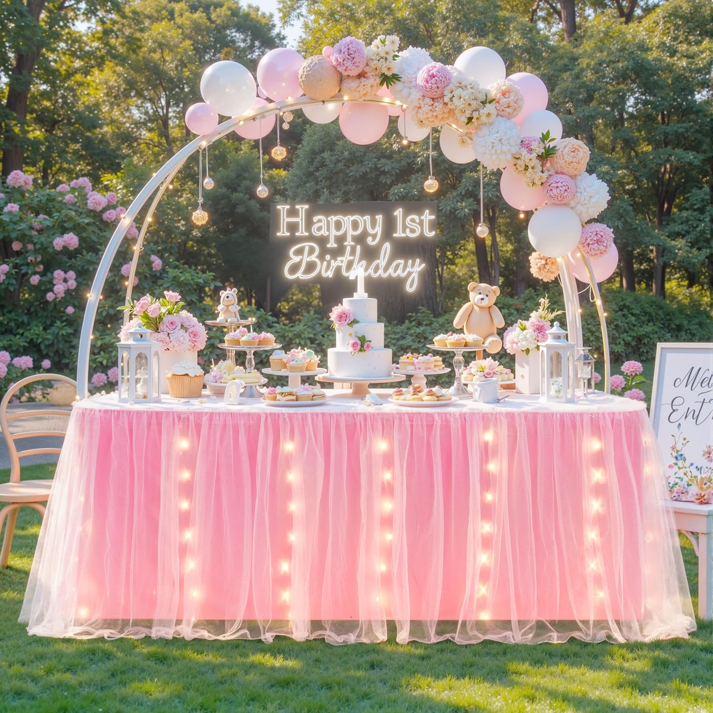 6FT Pink Tulle Table Skirt with LED Lights 2-Layer Ruffle Tulle Tutu Cloth Desk Table Skirt for Birthday Party Baby Shower Wedding Banquet Cake Dessert Decorations
