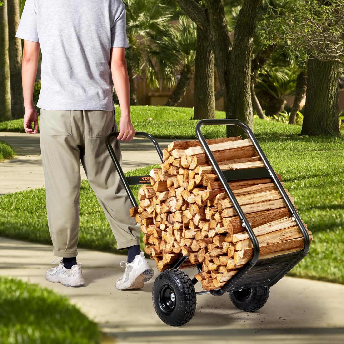 VEVOR Log Cart 250 lbs Load Capacity, Outdoor and Indoor Wood Rack Storage Mover with Pneumatic Rubber Wheels, Heavy Duty Steel Dolly Hauler, Firewood Carrier for Fireplace, Fire Pit, Black