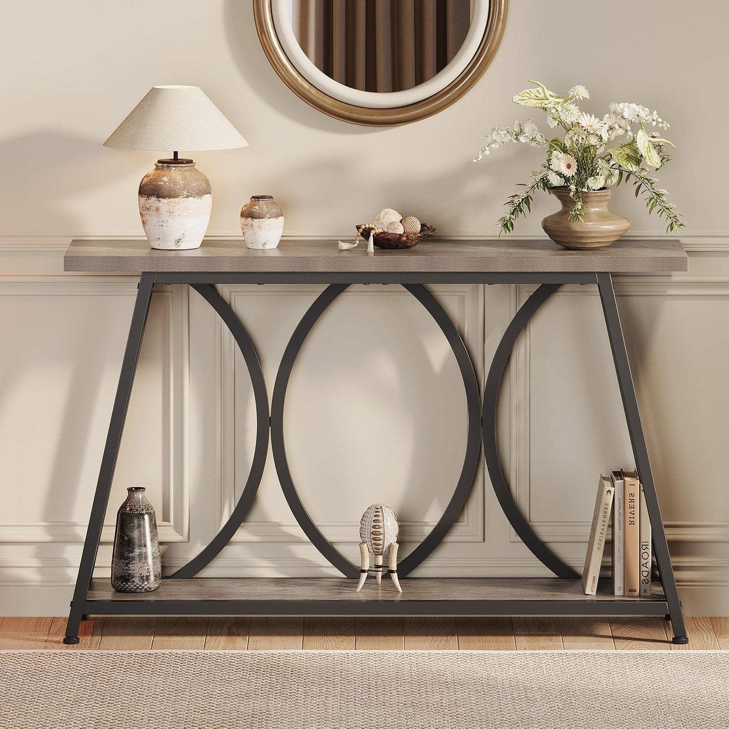 GiftGo 47.24 Inch Entryway Console Table, Industrial Sofa Table Behind Couch with Shelves, 2 Tier Wood Accent Table with Metal Frame for Living Room, Entrance, Hallway, Foyer, Vintage Gray