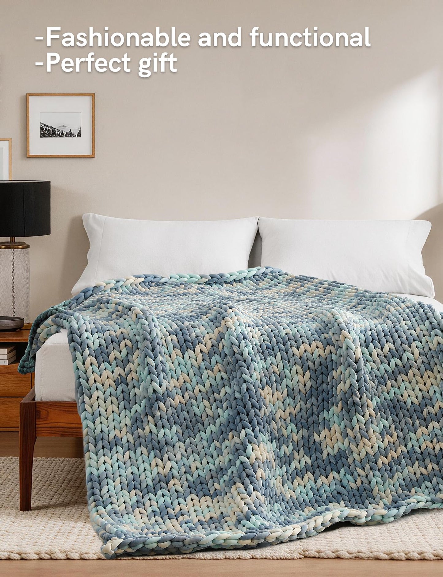 YnM Weighted Blanket, Handmade Chunky Knitted Design, Soft and Cozy, Temperature Regulating and Breathable, Machine Washable Throw for Sleep or Home Decor (Light Blue Tie-Dyed, 50x60 Inch, 10lbs)