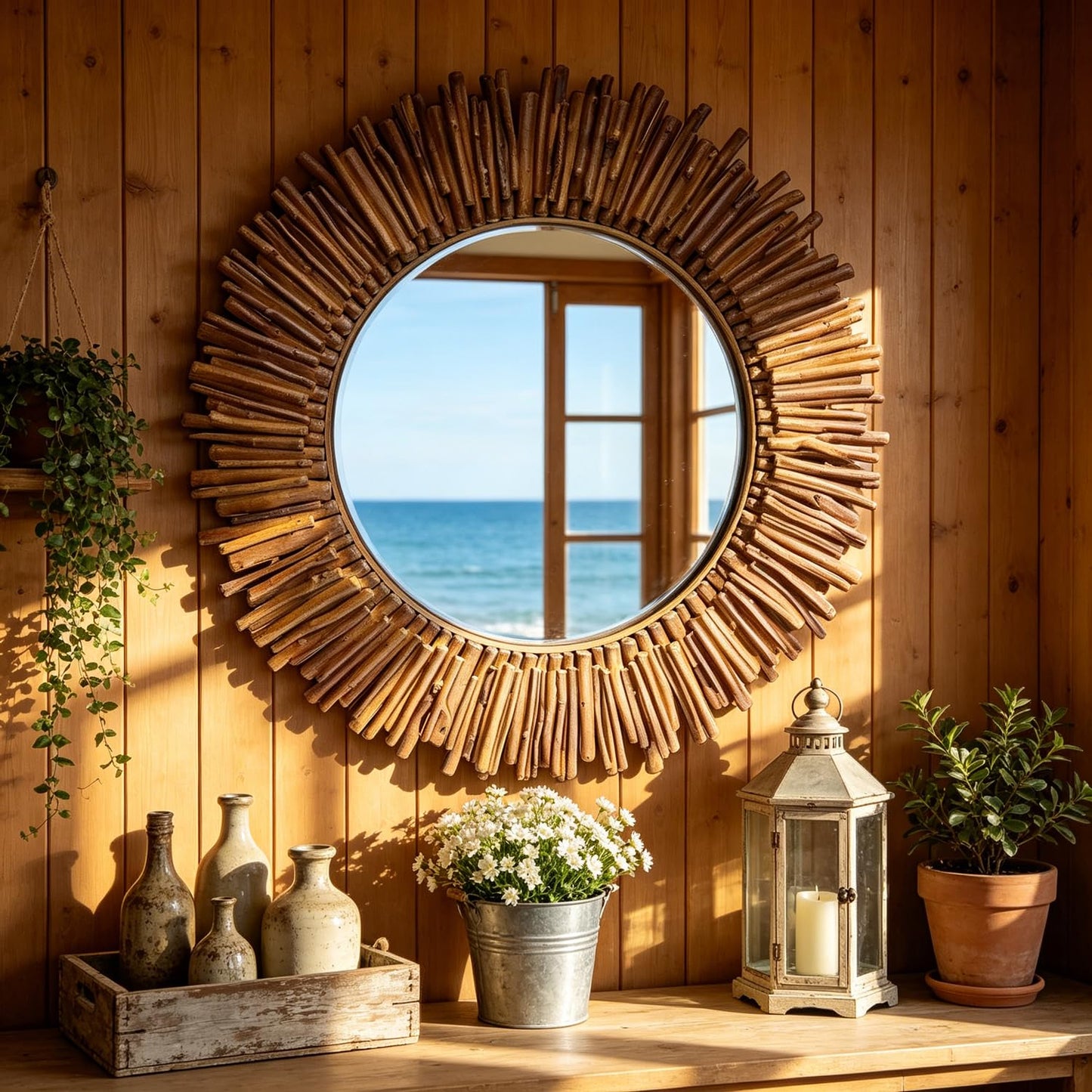 24 Inch Round Wall Mirror, Bohemian Sunburst Wall Mirror with Natural Wooden Stick Frame, Rustic Farmhouse Circle Decor Mirror for Bathroom, Bedroom, Living Room, Entryway Wall Art Decorative