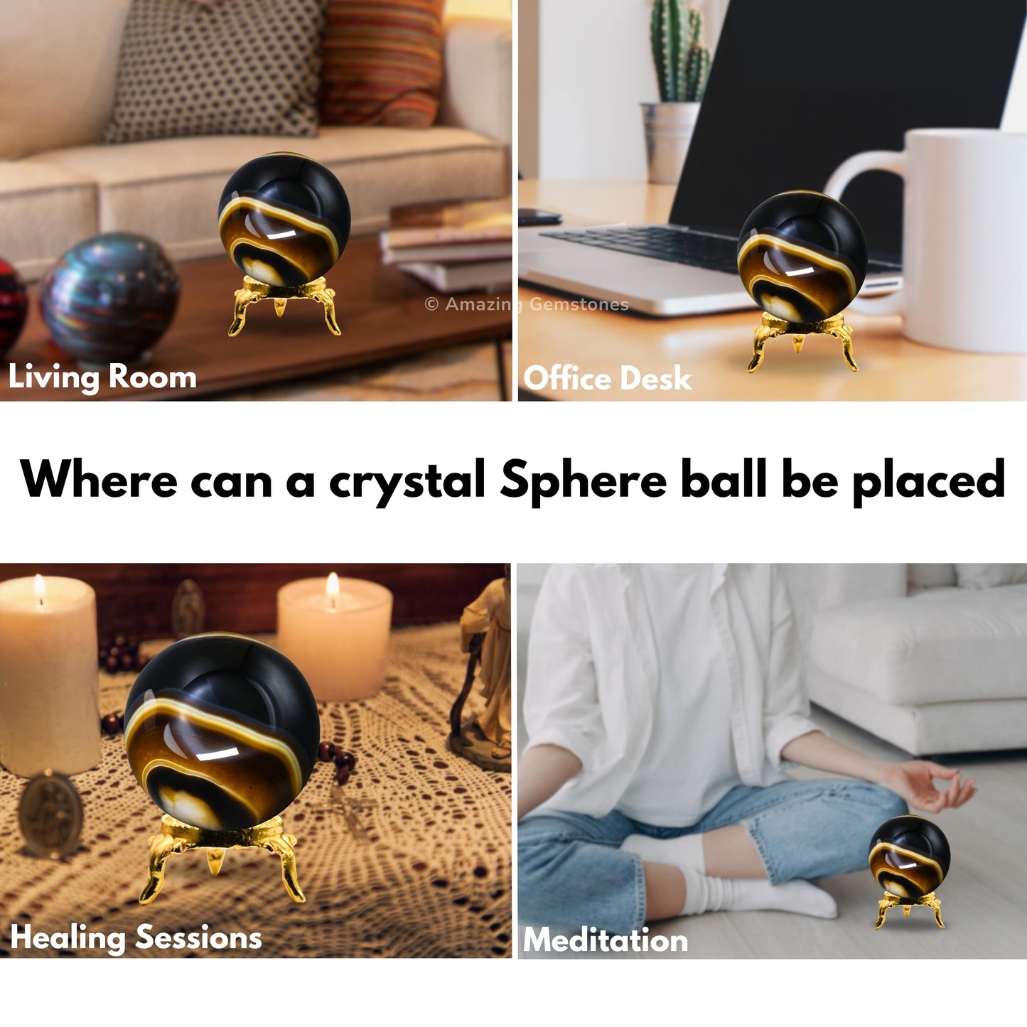 Amazing Gemstone Black Onyx Crystal Ball with Stand - 2" Inches Crystal Sphere Meditation Balls for Witchcraft and Decorative Balls