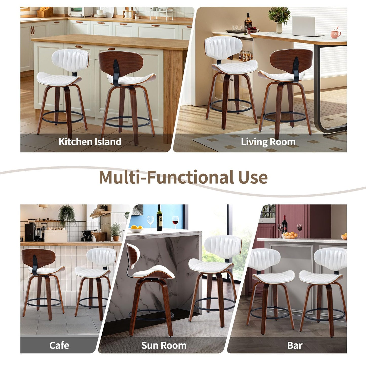 CHIDOCHILO Counter Height Bar Stools Set of 2, 24 inch PU Leather Wooden Bentwood Barstools Swivel Modern Breakfast Bar Chairs with Backrest and Footrest for Kitchen Island, Dining Room D035-White-2