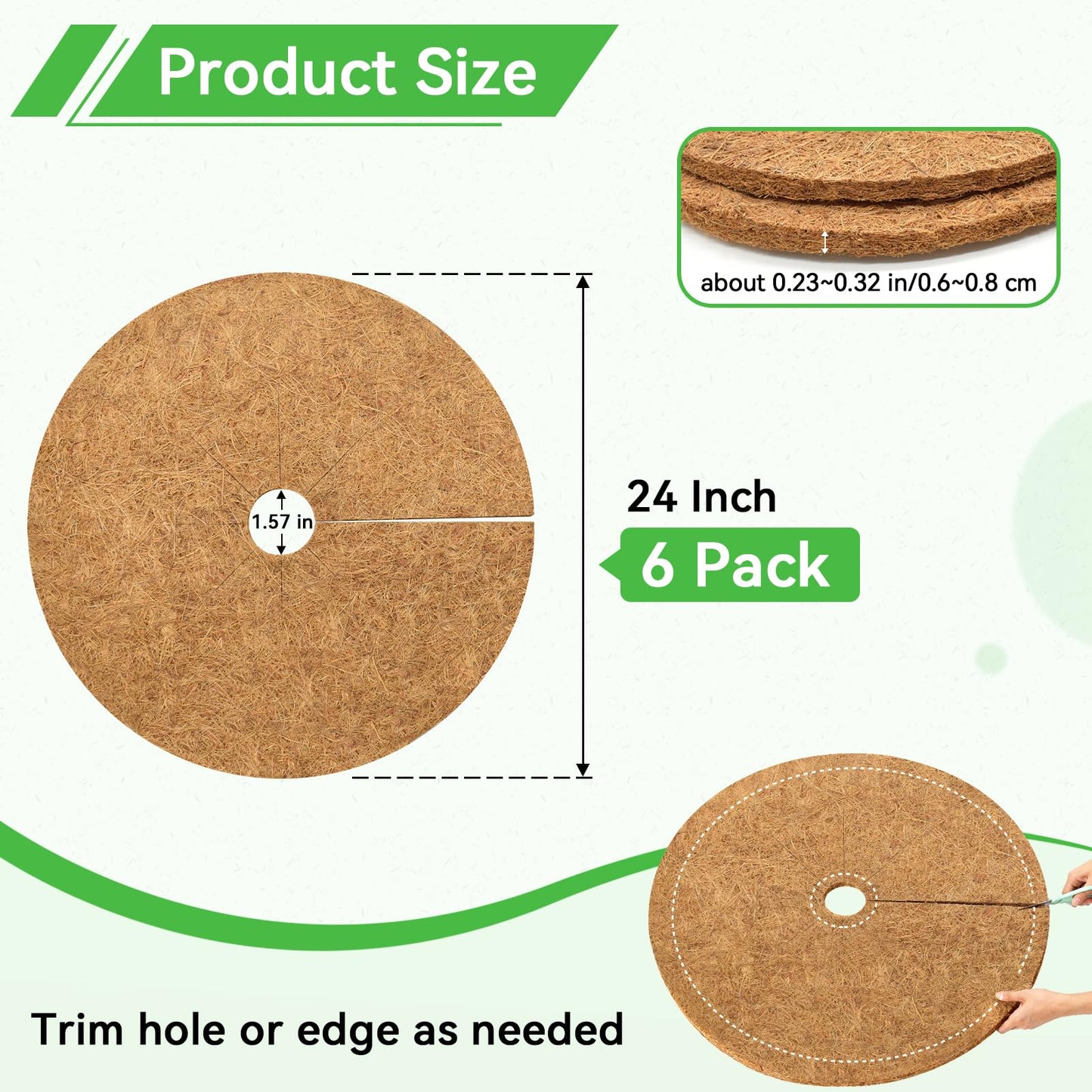 ZeeDix 6 Pack Coconut Fiber Mulch Ring, 24 Inch Coco Coir Tree Ring Mulch Mat, 100% Natural Tree Protector Mat Plant Cover Ring Coconut Coir Discs Tree Mats Mulch Rings for Indoor Outdoor Trees Plants