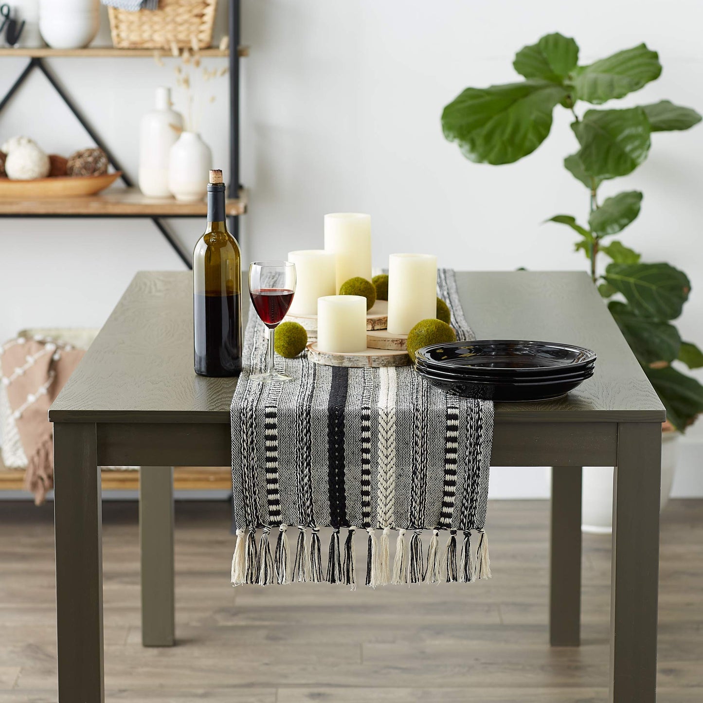 DII Farmhouse Braided Stripe Table Runner Collection, 15x72 (15x77, Fringe Included), Black