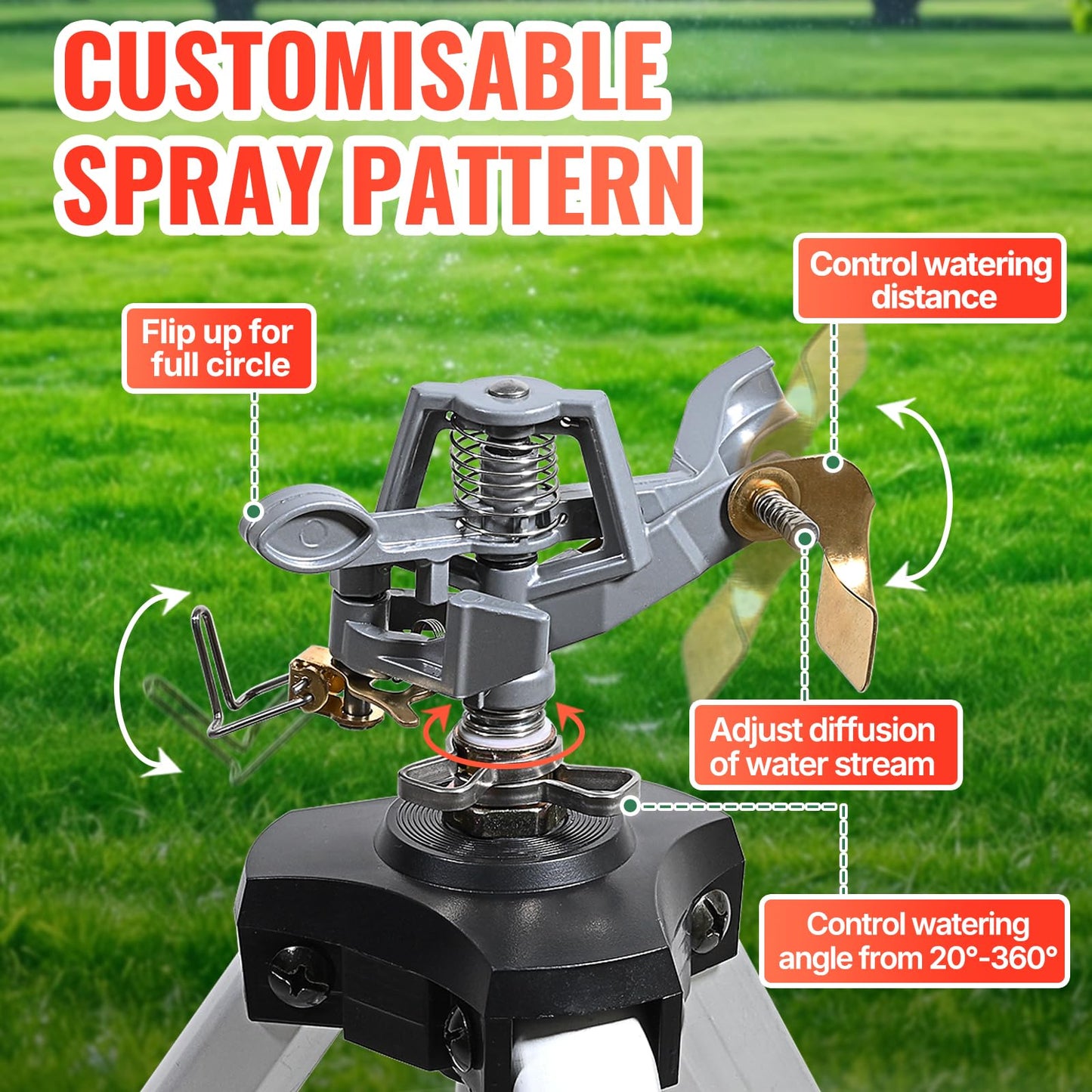 YAMATIC Tripod Impact Sprinkler, Adjustable 21–50 in Lawn Sprinkler with Metal Pulsating Head, Up to 90 ft Spray Distance, 360° Coverage for Large Yard, Garden & Landscape Watering