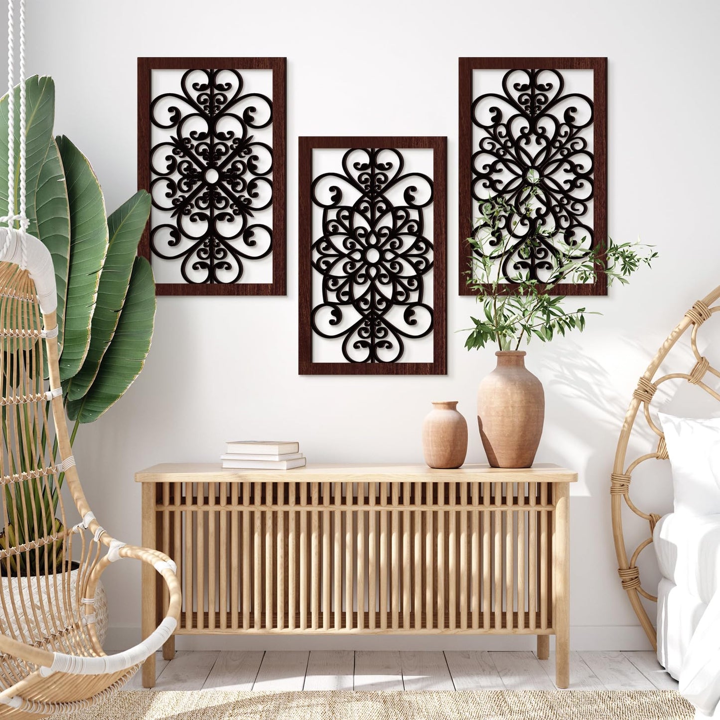 Yulejo 4 Pieces Thicken Rustic Wall Decor Modern Farmhouse Wall Art Decor Wooden Hollow Carved Design Rustic Art for Living Room Hallway Office Kitchen Decoration