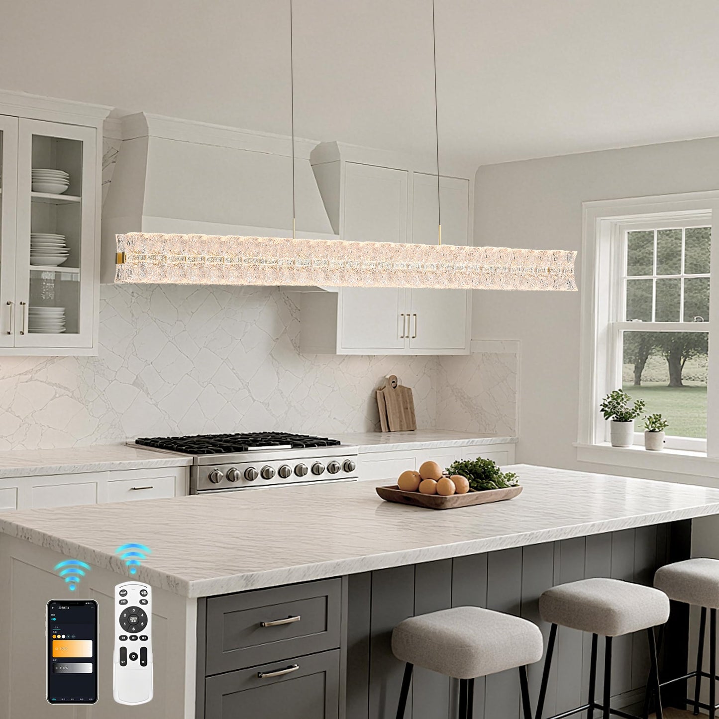 BESTWEST Modern 47.2inch Rectangle Crystal Chandelier, Dimmable Led Crystal Pendant Lighting for Dining Room Kitchen Island, Linear Chandelier Hanging Light Over Table