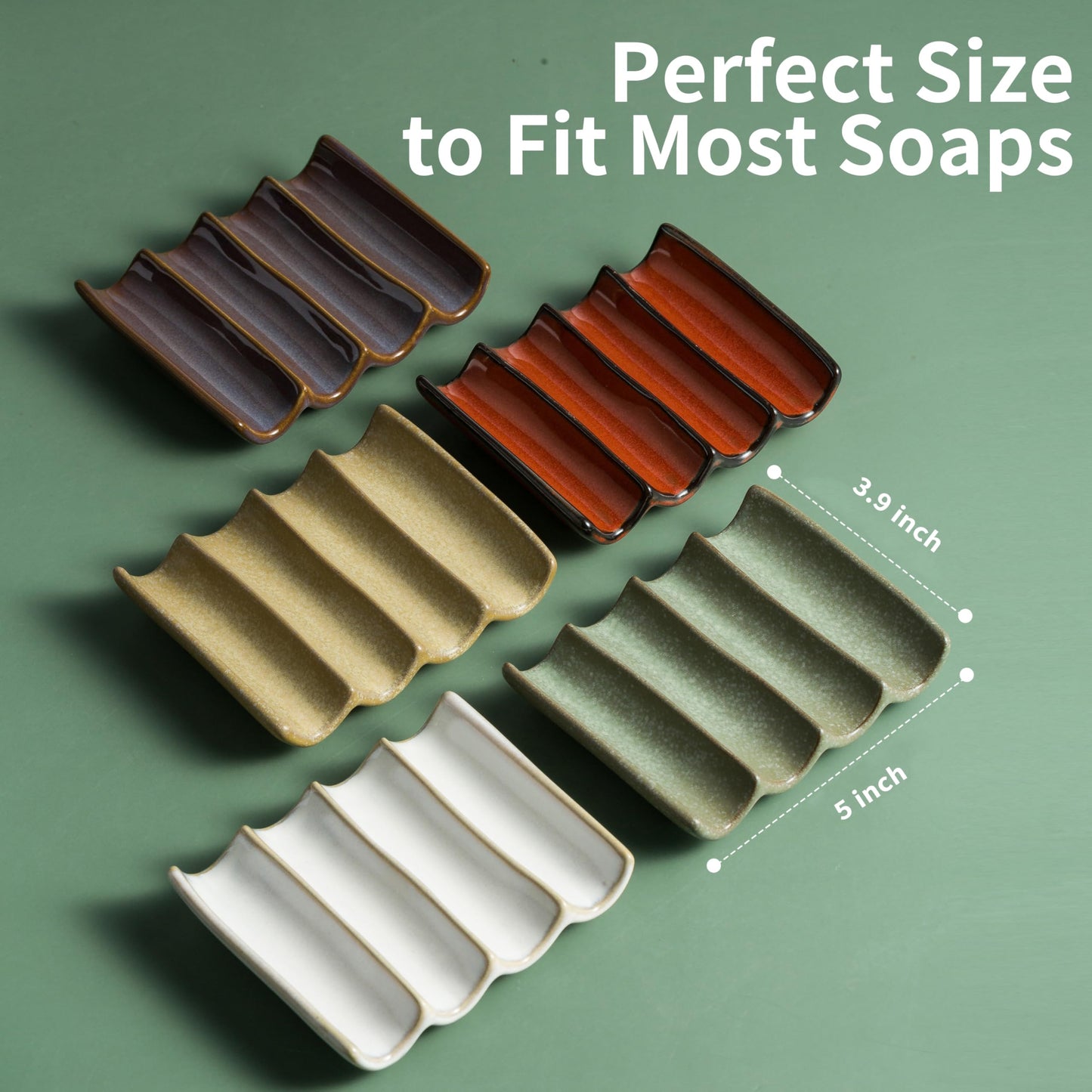 Cormomu Draining Ceramic Soap Dish - Fluted Design, Bar Soap Holder for Shower & Bathroom, Soap Saver Sponge Lift, Green