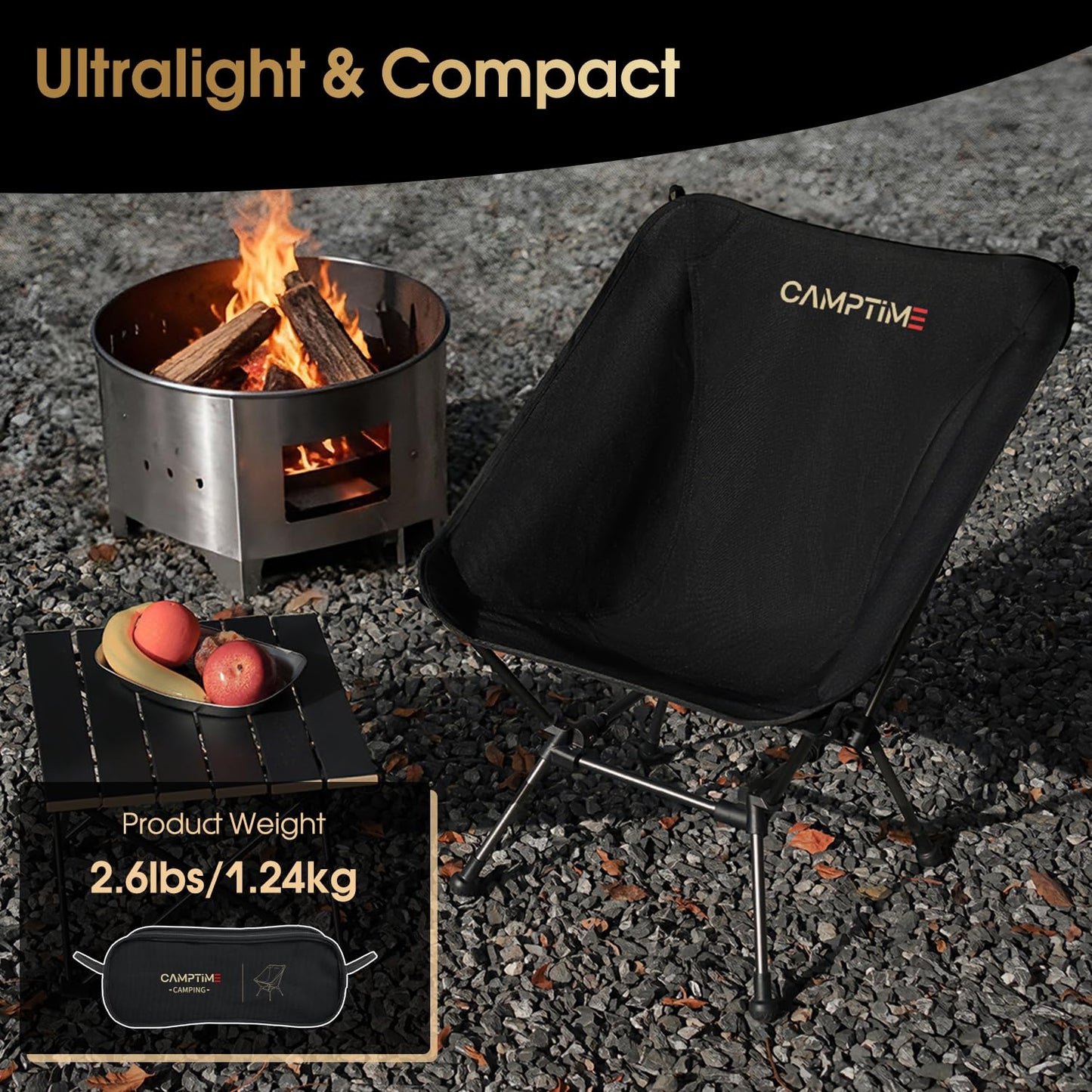 Camptime Portable Camping Chair Plus, Larger & Roomier, Compact and Lightweight, Folding Chair for Backpacking & Hiking, 330Lbs Capacity, Black