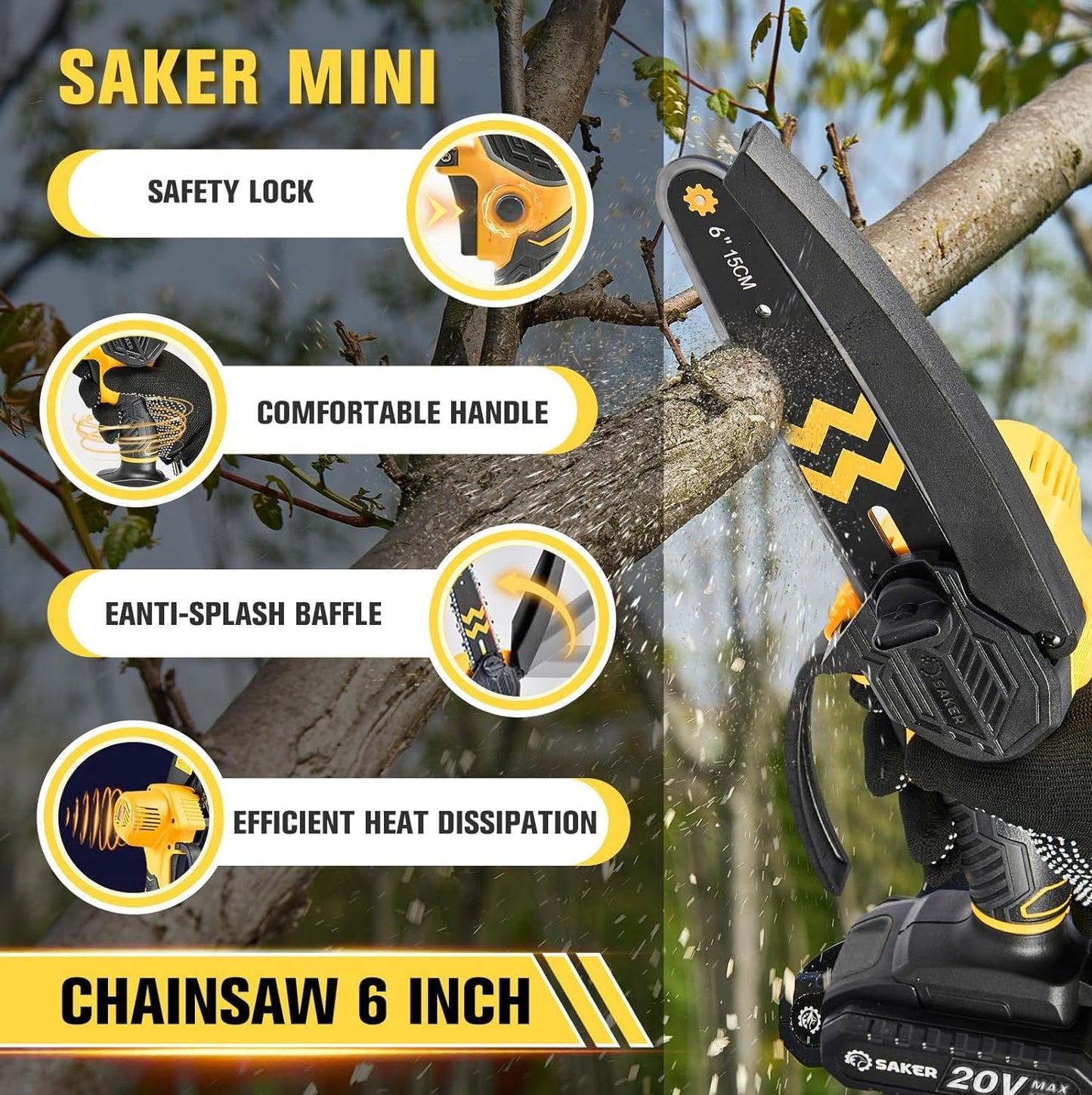 Saker Mini Chainsaw Cordless 6-Inch-Switch Security Lock-Cordless Power Chain Saws-Handheld Small Chainsaw for Cutting Wood Trimming and Woodworking- Mini Chain Saw Cordless with 1 Battery