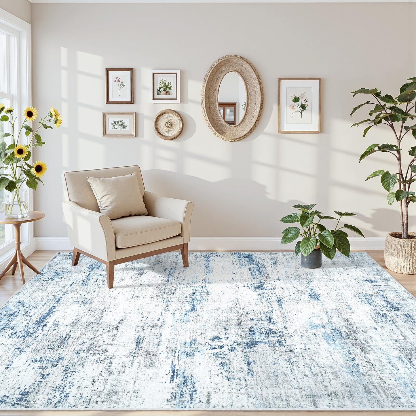 Area Rug Living Room Rugs: 5x7 Large Soft Indoor Carpet Modern Abstract Rug with Non Slip Rubber Backing for Under Dining Table Nursery Home Office Bedroom White Gray Blue