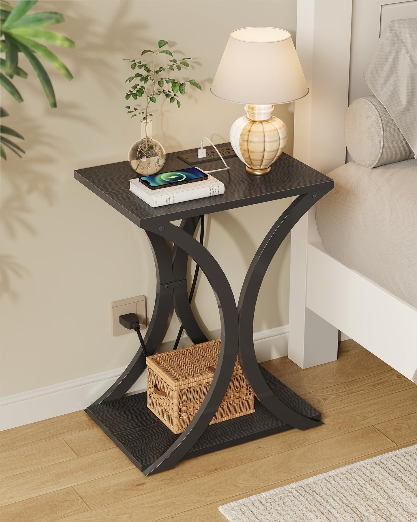 CHOEZON End Table with Charging Station, 2-Tier Modern Side Table, Nightstand with Storage Shelf, for Small Spaces, for Living Room, Bedroom, Black TBZ20UBB