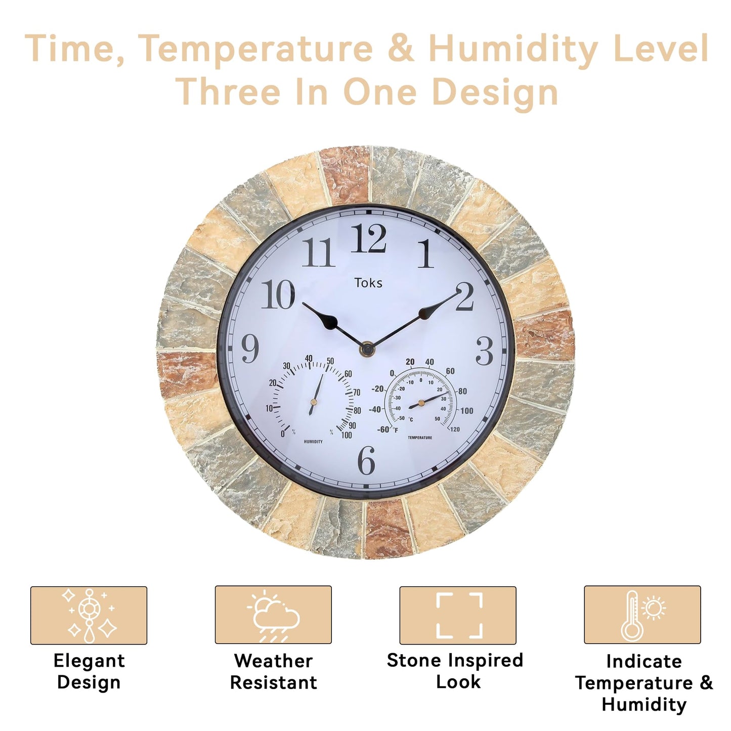 Lily's Home Hanging Wall Clock, Includes a Thermometer and Hygrometer and is Ideal for Indoor and Outdoor Use, Wonderful Housewarming Gift for Friends, Faux-Stone (13 Inches)