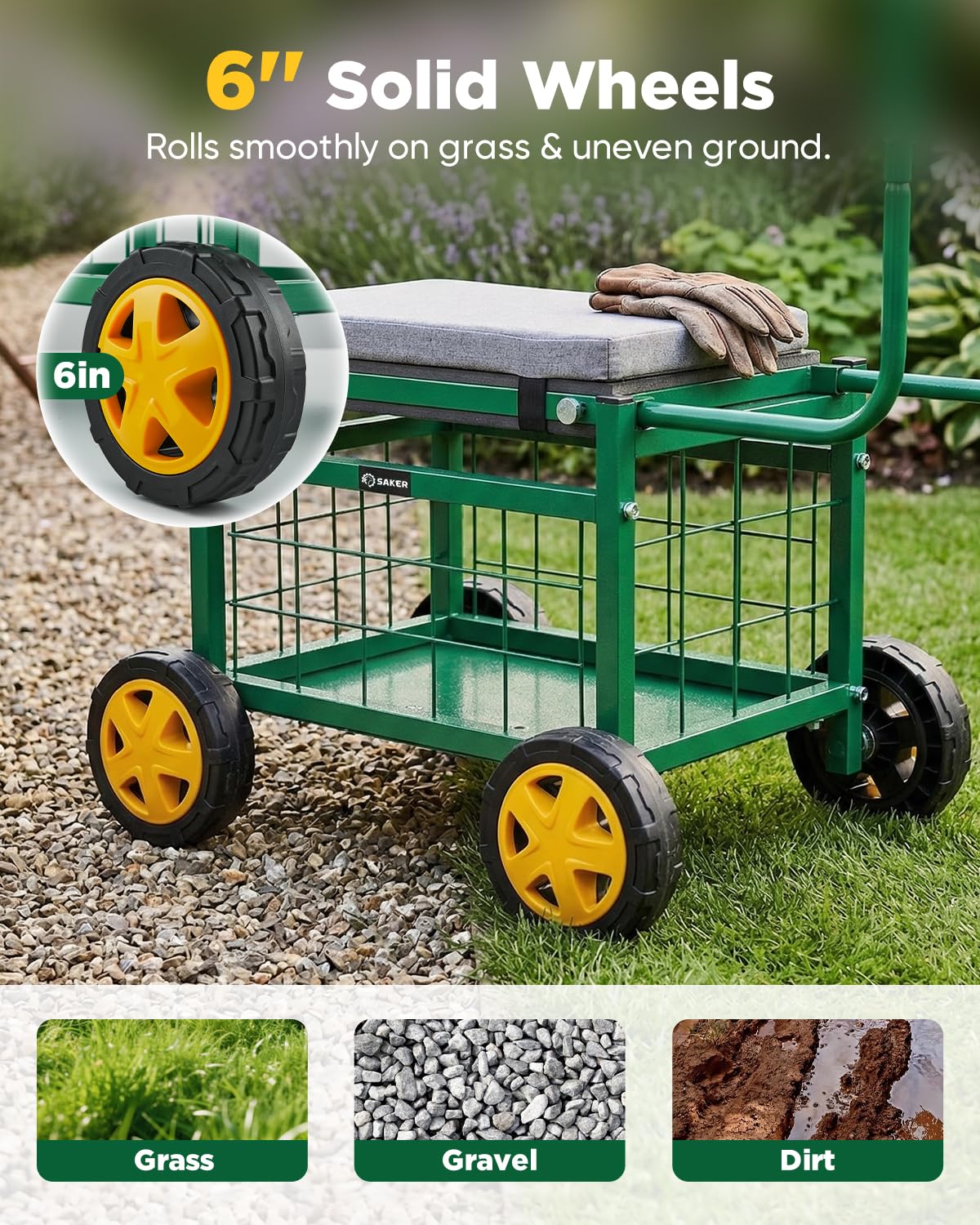 Saker Rolling Garden Cart with Seat & Wheels - 15.7'' EVA Padded Rolling Stool, 500 lb Steel Frame, Large Storage Basket - Garden Wagon Workseat for Patio Lawn Yard (Basic Version)