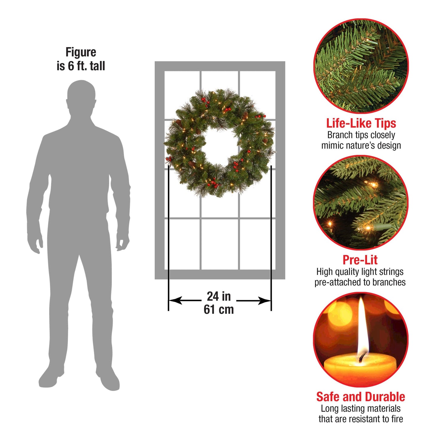 National Tree Company 24 in Pre-Lit Crestwood Spruce Artificial Christmas Wreath, Christmas Decoration with Glitter, Pinecones, Red Berries, 50 Warm White LED Lights, 160 Tips, Timer, Green