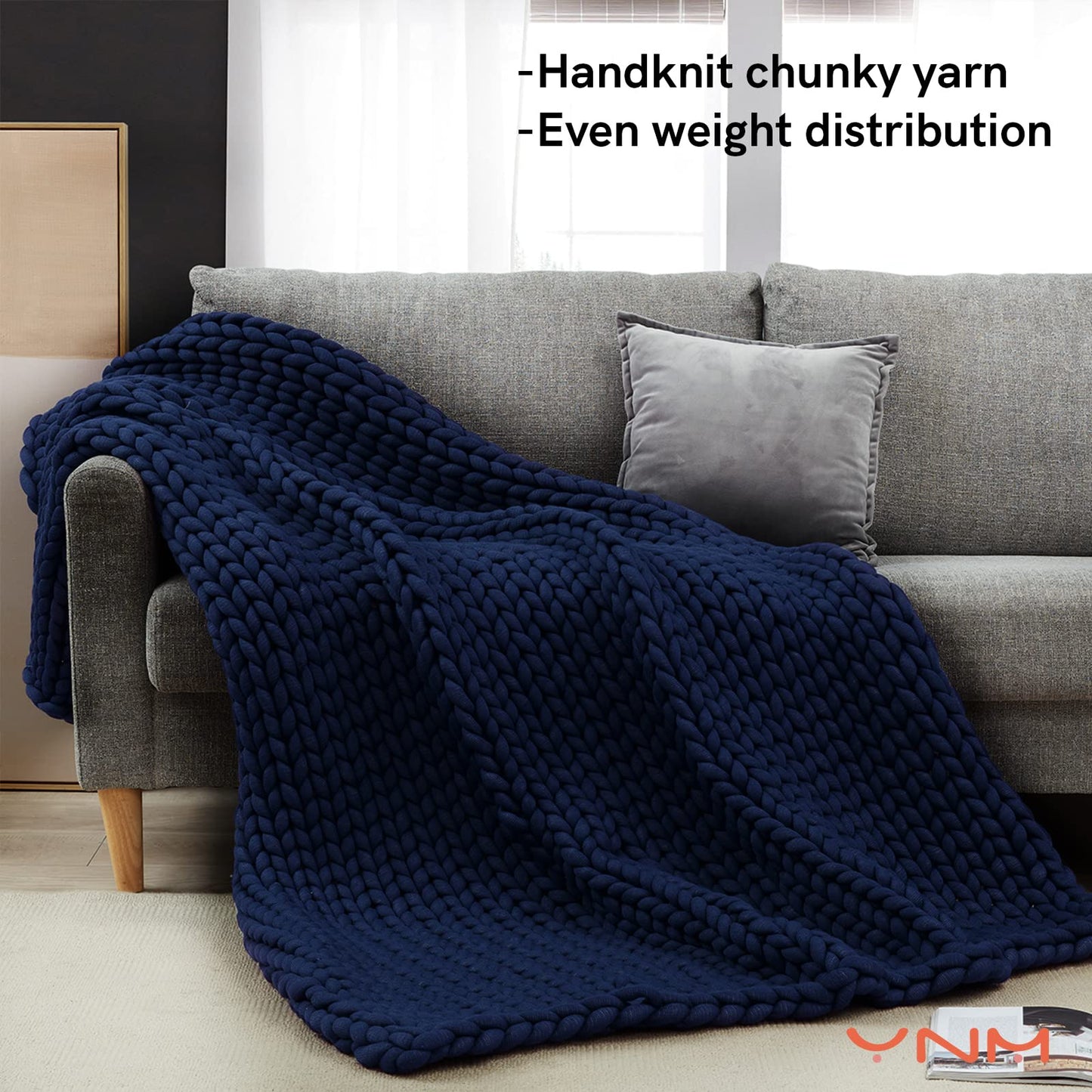 YnM Weighted Blanket, Handmade Chunky Knitted Design, Soft and Cozy, Temperature Regulating and Breathable, Machine Washable Throw for Sleep or Home Decor (Prussian Blue, 50x60 Inch, 10lbs)
