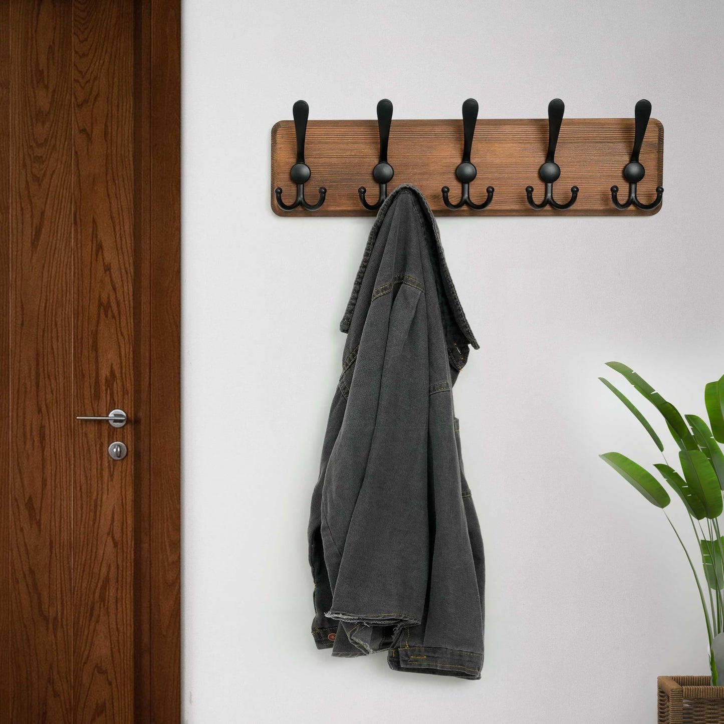 WEBI Rustic Coat Rack Wall Mount,Solid Wood Coat Hooks Wall Mounted Coat Hanger,16" Hole to Hole,Hook Rack Rail,5 Triple Hooks for Hanging Coats,Jacket,Clothes,Farmhouse,Brown