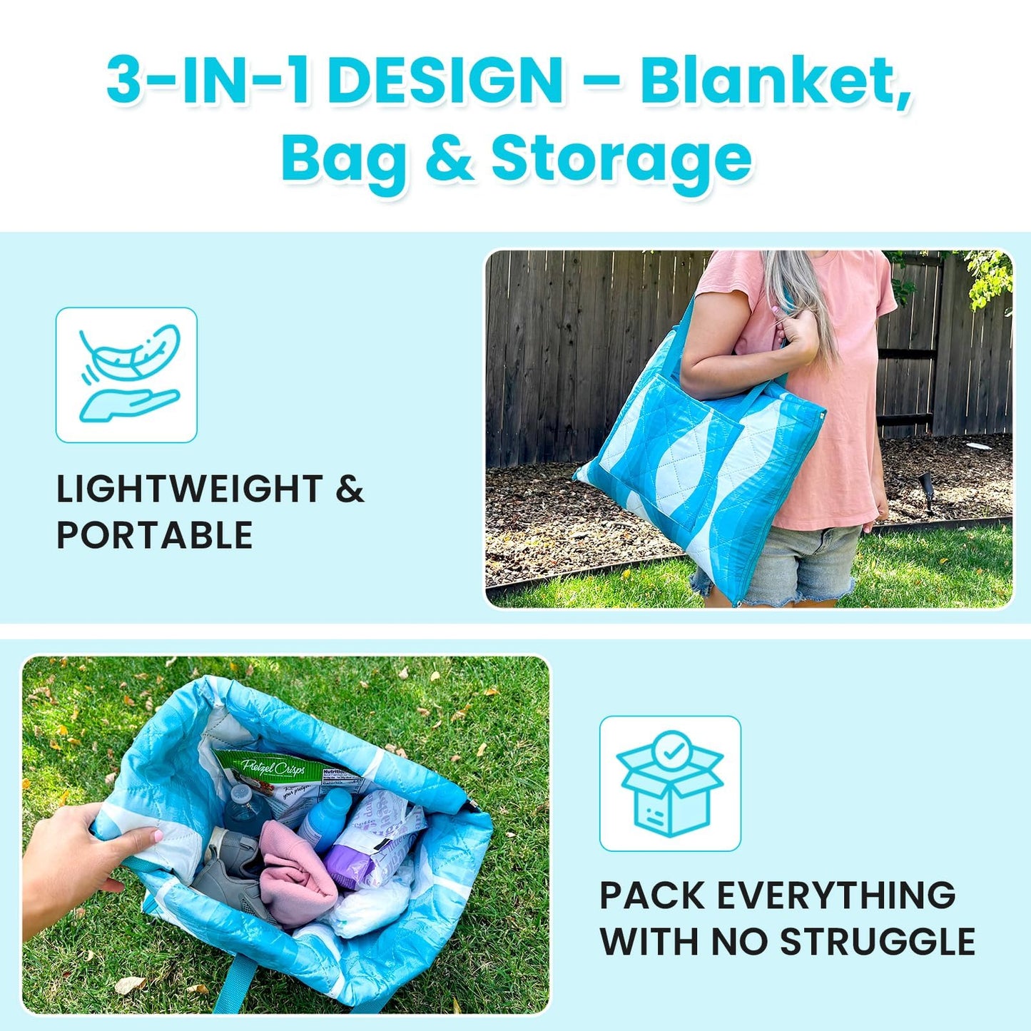 #WEJOY 3 in 1 Beach Blanket Waterproof Sandproof, Padded 3 Layers Outdoor Picnic Blanket Bag, 80x60'', 4 Person, Easy to Fold, Waterproof for Lawn,Camping, Park (Blue)