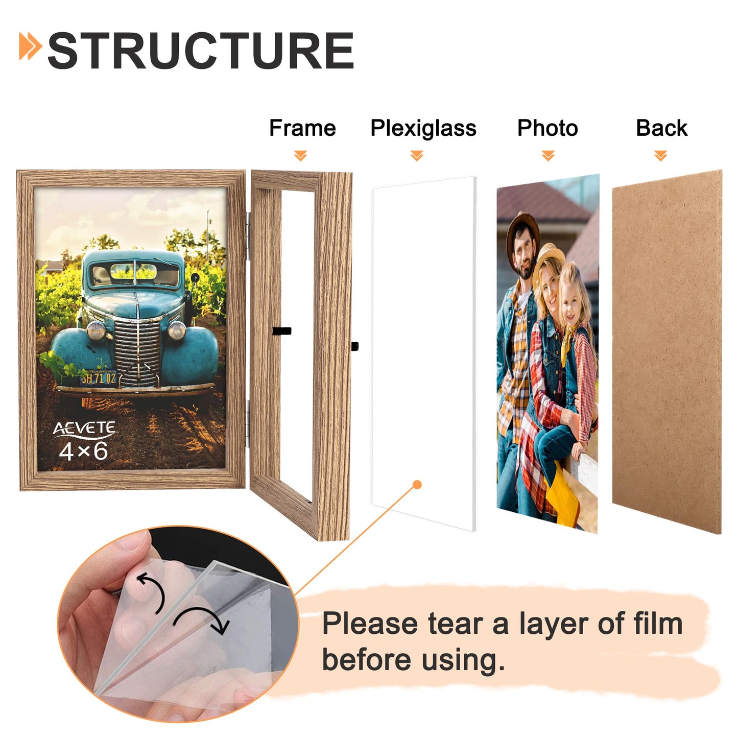 AEVETE 4x6 Picture Frames Double Hinged Wood Folding Photo Frames Vertical with Plexiglass Front