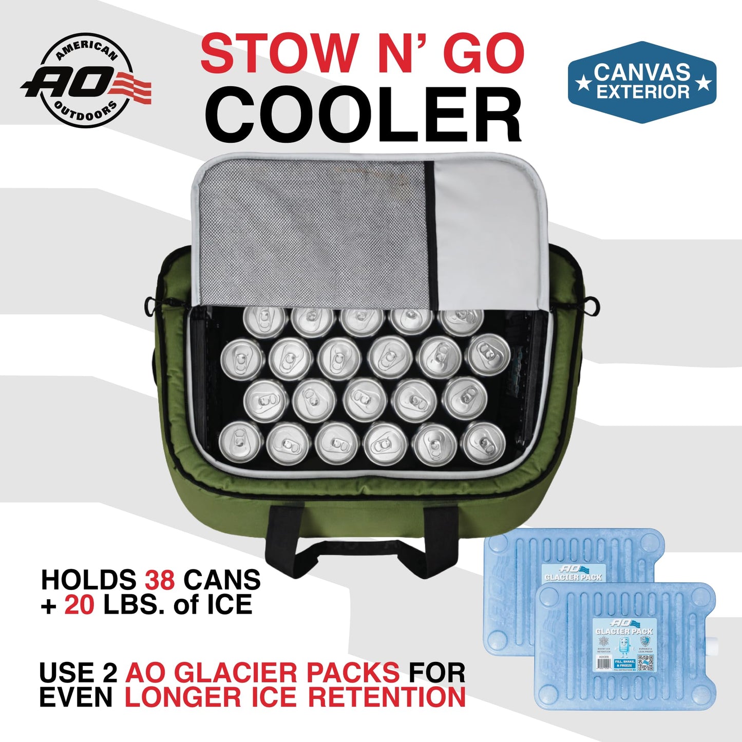 AO Coolers Stow-N-Go Canvas Soft-Sided Cooler, Low Profile and Leak Proof, Insulated for 24-Hour Cold, Hunter Green, 38-Can