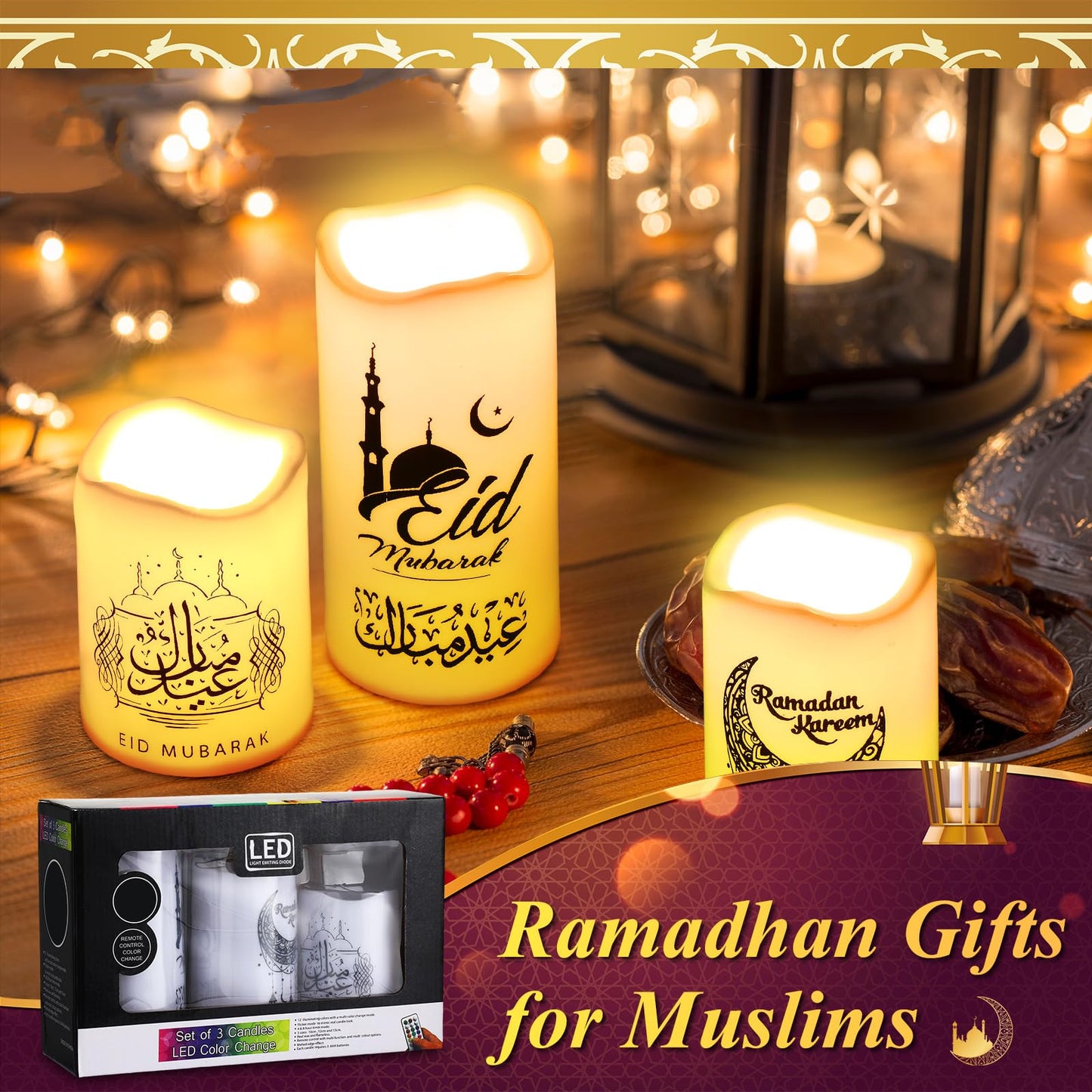 Tujoe 3 Pcs Eid Mubarak Flickering Flameless Candles Ramadan Decor Eid Mubarak LED Battery Operated Candles Candle Lights for Muslim Eid Ramadan Decor for Home(Moon)
