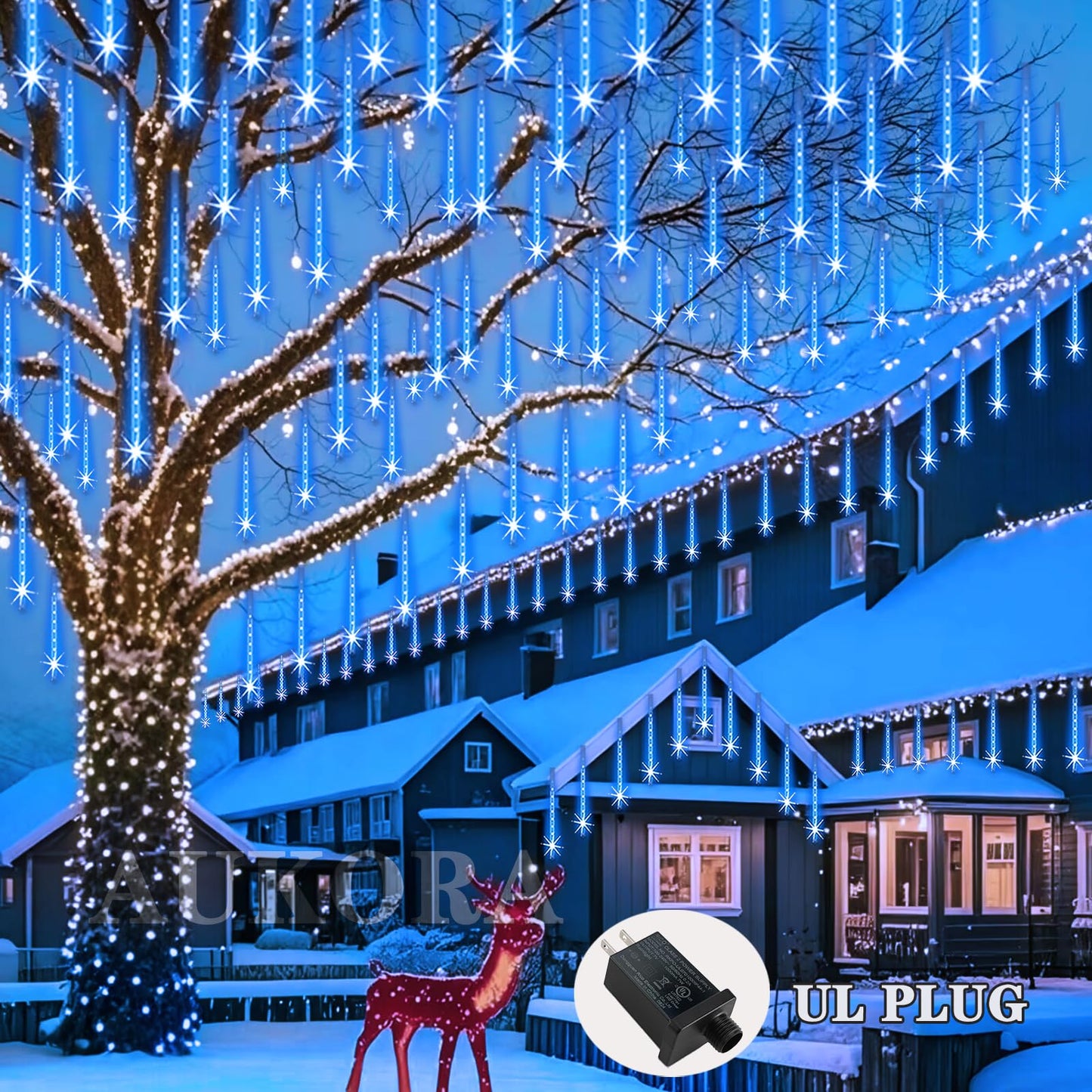 Aukora Christmas Lights Outdoor Meteor Shower Lights 12 inch 8Tubes 192LED UL Certified Falling Rain Drop Snow Icicle String Light for Xmas Tree Christmas Decorations Party Wedding Holiday Yard Blue