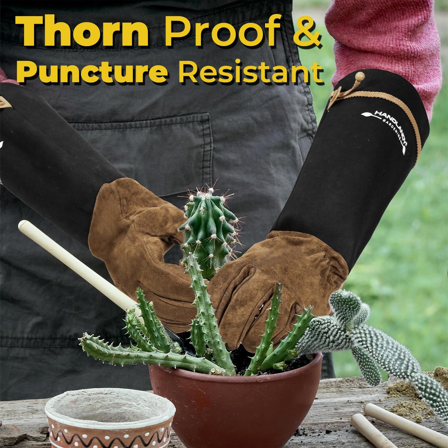 HANDLANDY Long Gardening Gloves for Men & Women, Pigskin Leather Rose Pruning Gloves, Breathable Thorn Proof Gauntlet Glove (Coffee Brown, M)