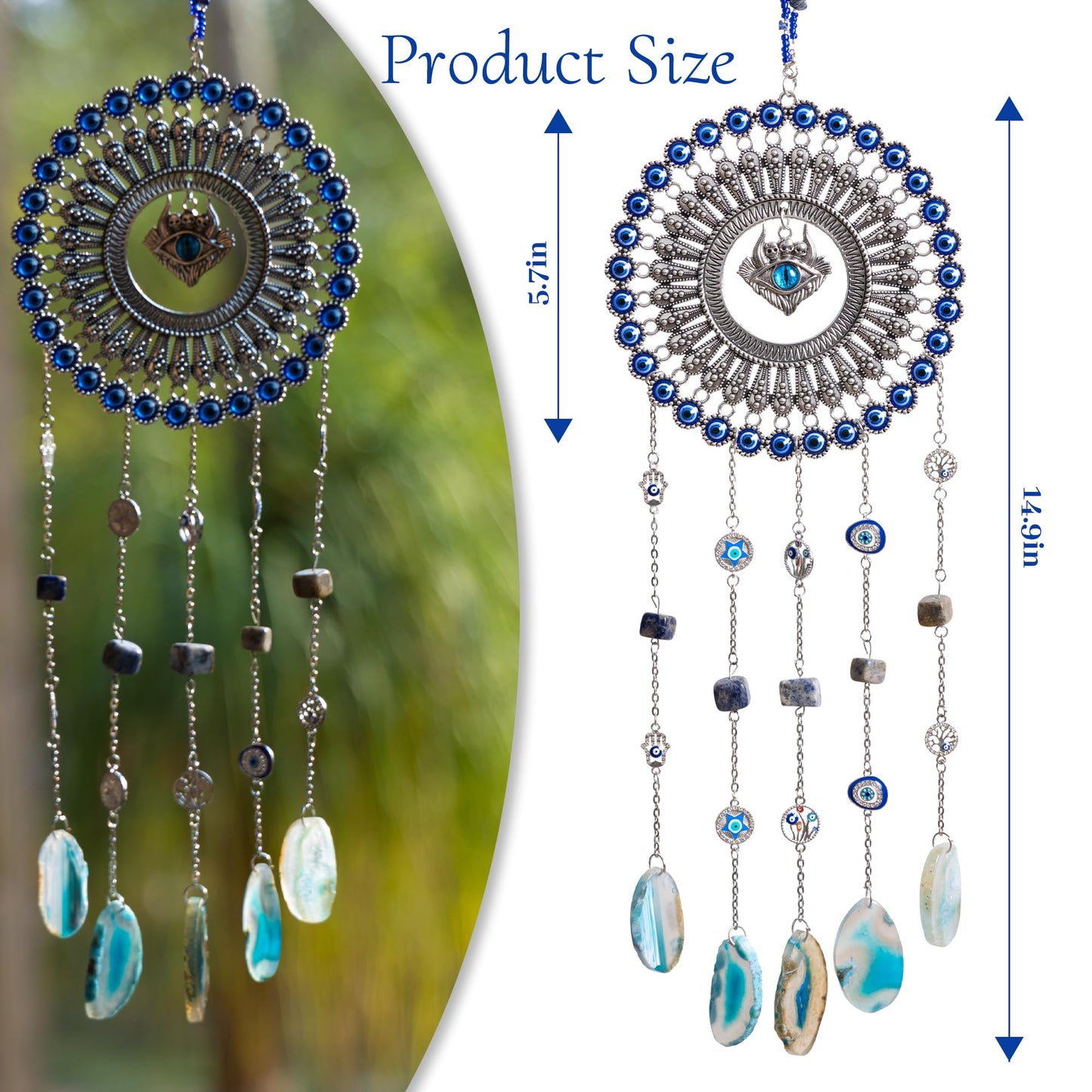 Evil Eye Dream Catcher, Handmade Blue Agate Stone Catcher with Crystals, Protective Bohemian Wall Hanging Decor for Bedroom, Window, Garden - Unique Housewarming Gift for Friends and Family