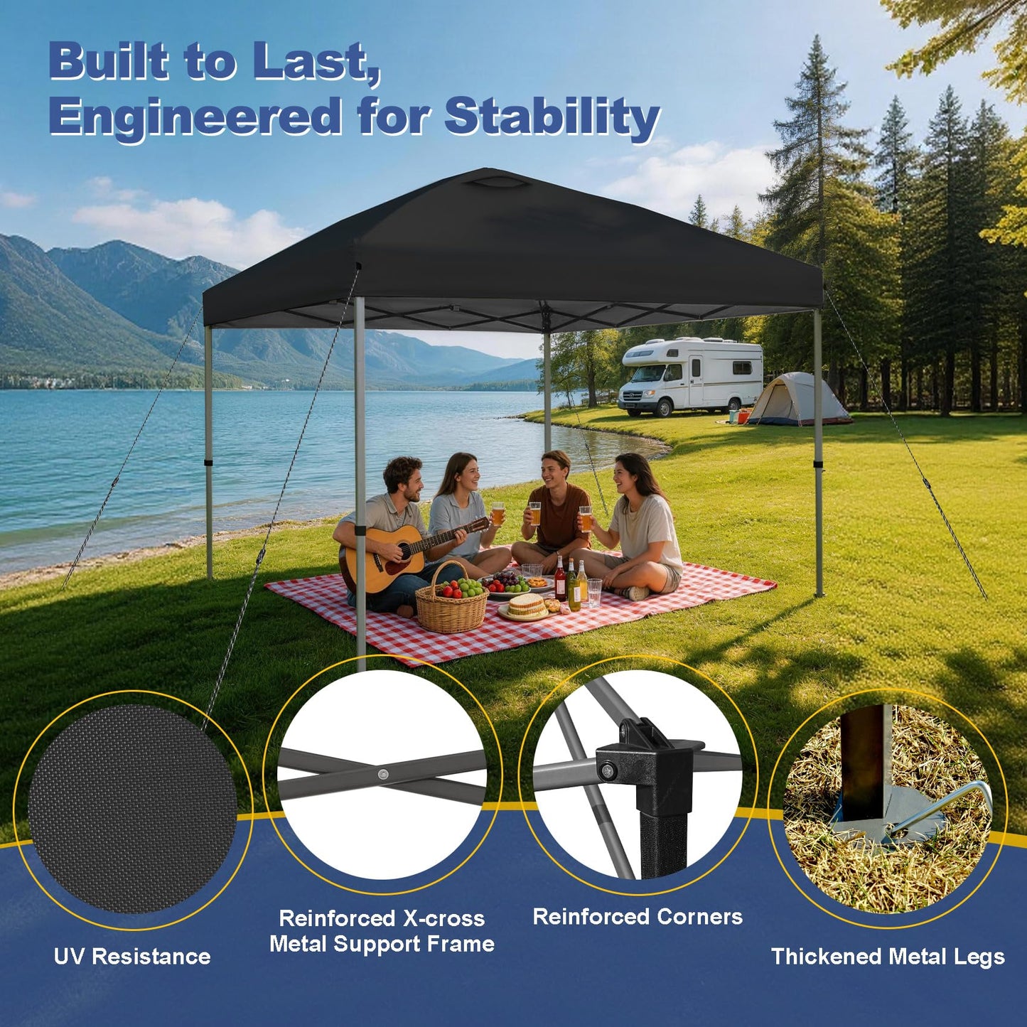 Explore Land 10x10 Pop Up Canopy with One Push Setup Heavy Duty Outdoor Sun Shade Tent for Beach,Camping,Events,Parties(Black)