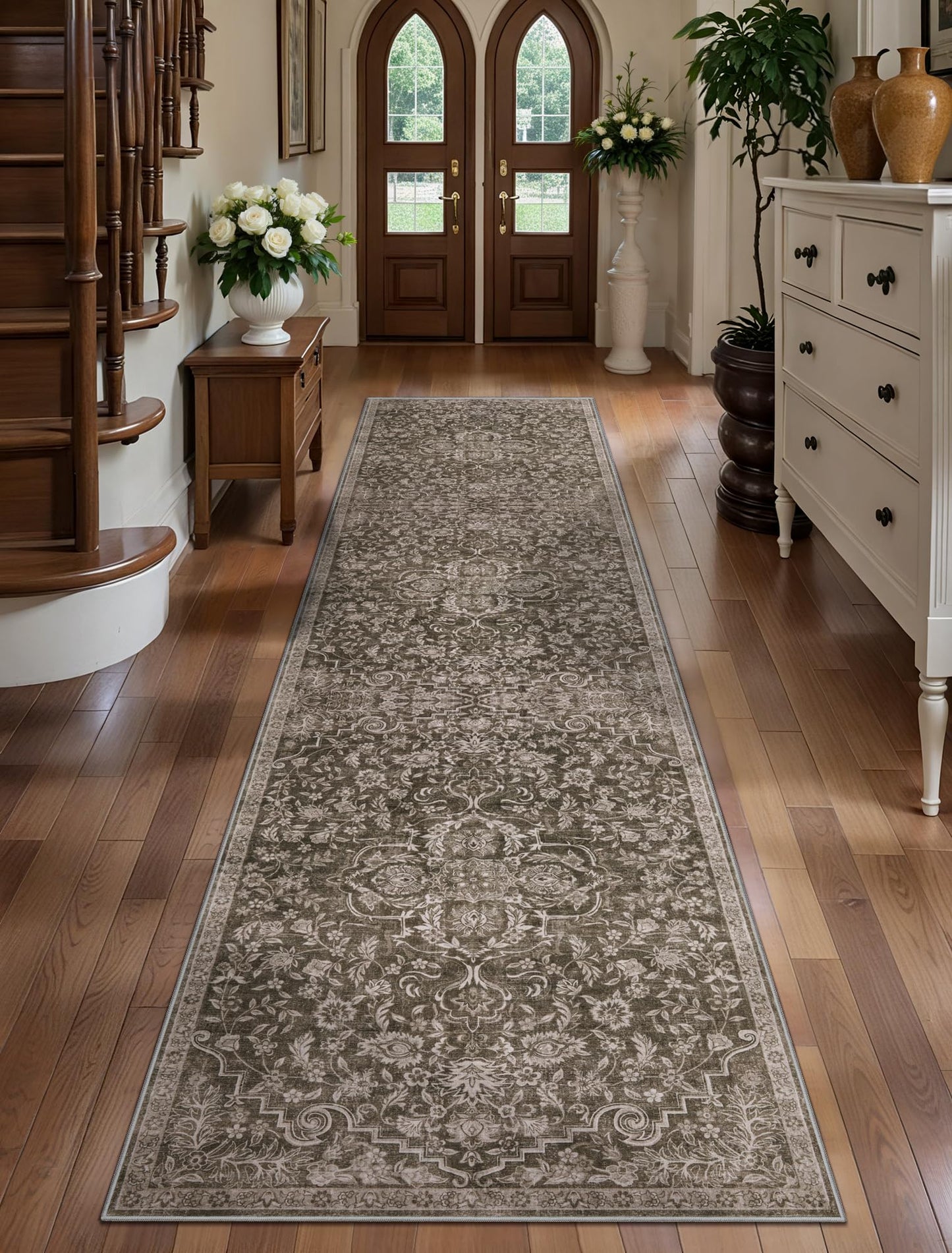 Ciicool 2x8 Hallway Runner Rug Low-Pile Soft Kitchen Brown Rugs Non-Slip Washable Vintage Floral Throw Entry Foyer Mat for Entrance Living Room Laundry Carpet