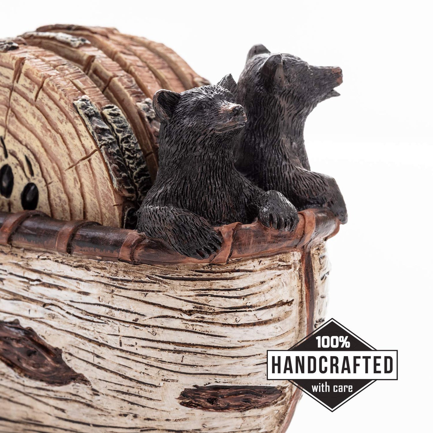 Bear Coasters Set of 6 Full Size Rustic Coasters in Handmade Canoe with Adorable Black Bear Figurines - Log Cabin Decorations, Rustic Lodge Decor for The Home
