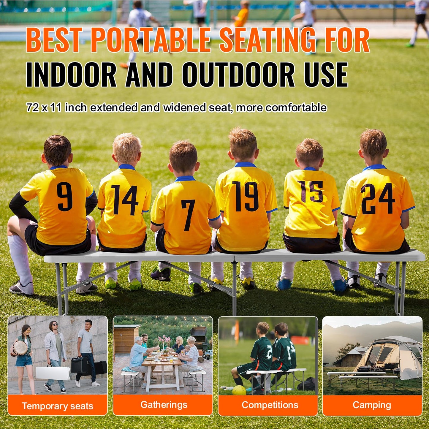 VEVOR Plastic Folding Bench, 6ft Portable Folding Bench, Smooth High Density Polyethylene Waterproof Outdoor Bench, Picnic Camping Table with Handle for Garden Soccer Playtime, White (2 Pack)