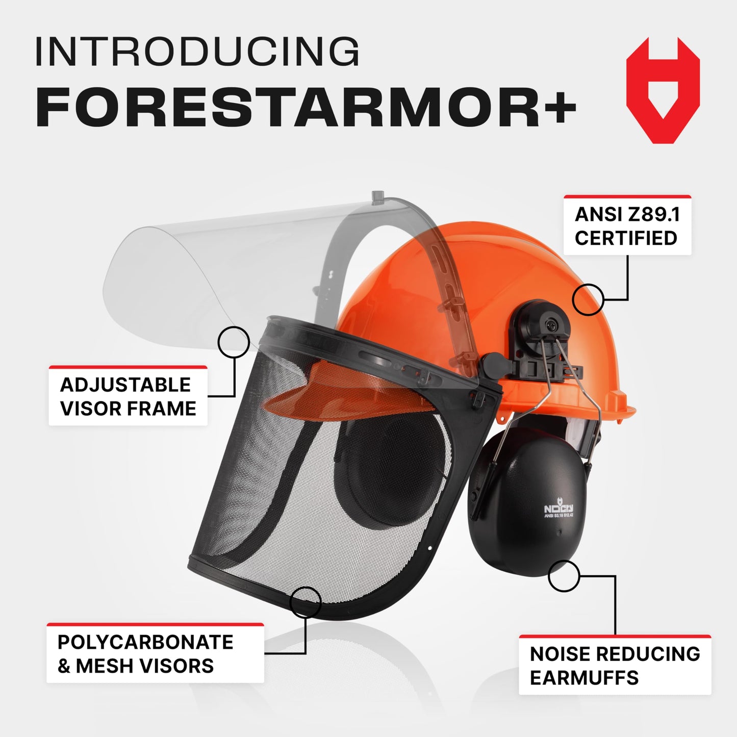 NoCry 6-in-1 Industrial Chainsaw Helmet with Face Shield and Ear Muffs — Mesh & Clear Plastic Visors Included — ANSI Z89.1 Certified — Adjustable Headgear — Ideal for Forestry and Arborist Work