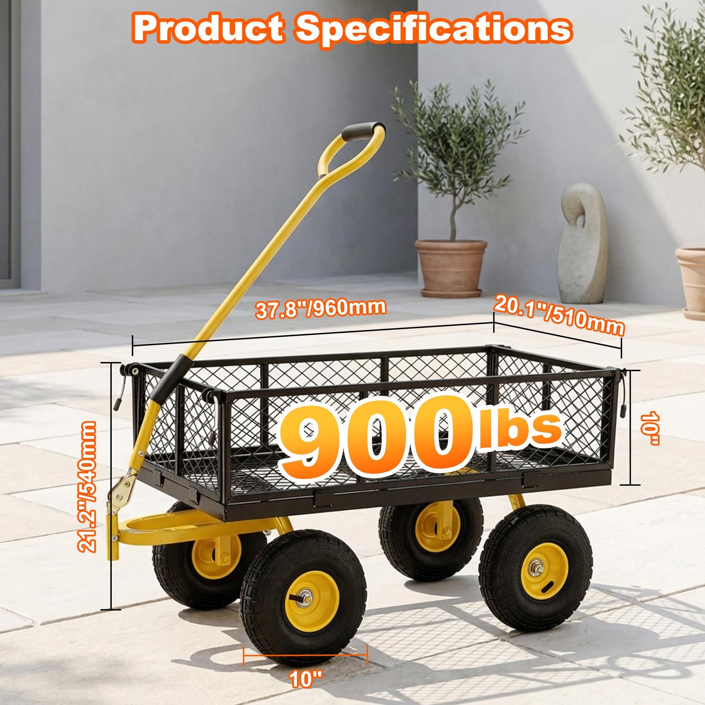 DIAMONDFORGE 900lbs Heavy Duty Garden Cart, Steel Garden Wagon Cart with Fixedable Rotating Handle for Backyard, Utility Yard Wagon with 10" All Terrain Tires, Mesh Removable Sides
