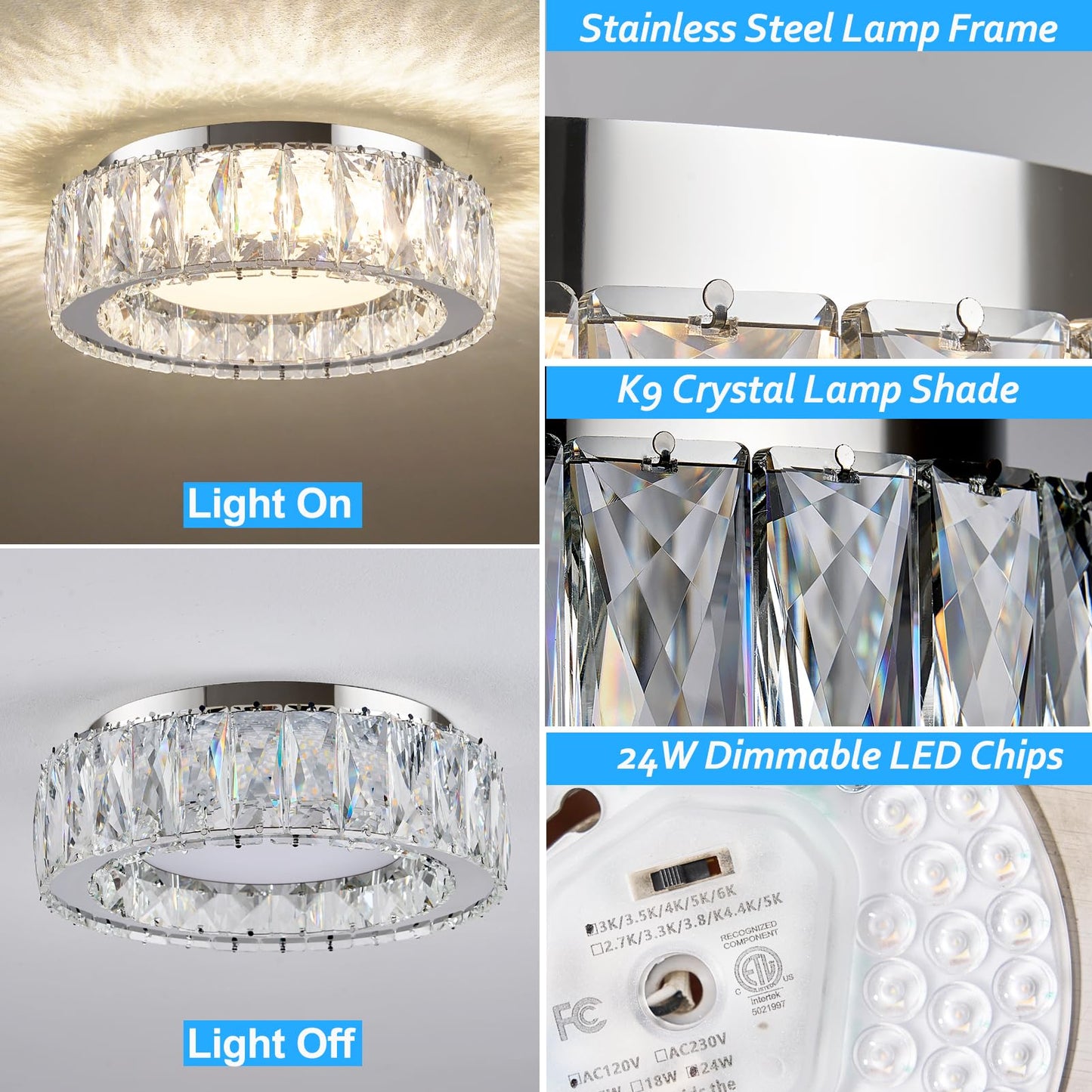 Gisisee 11 Inch Chrome Modern Luxury Crystal Flush Mount Ceiling Light Fixture,5CCT 3000K-6000K 24W,Round Small Dimmable Led Chandelier Hallway Lighting for Entryway,Kitchen,Bedroom,Laundry Room