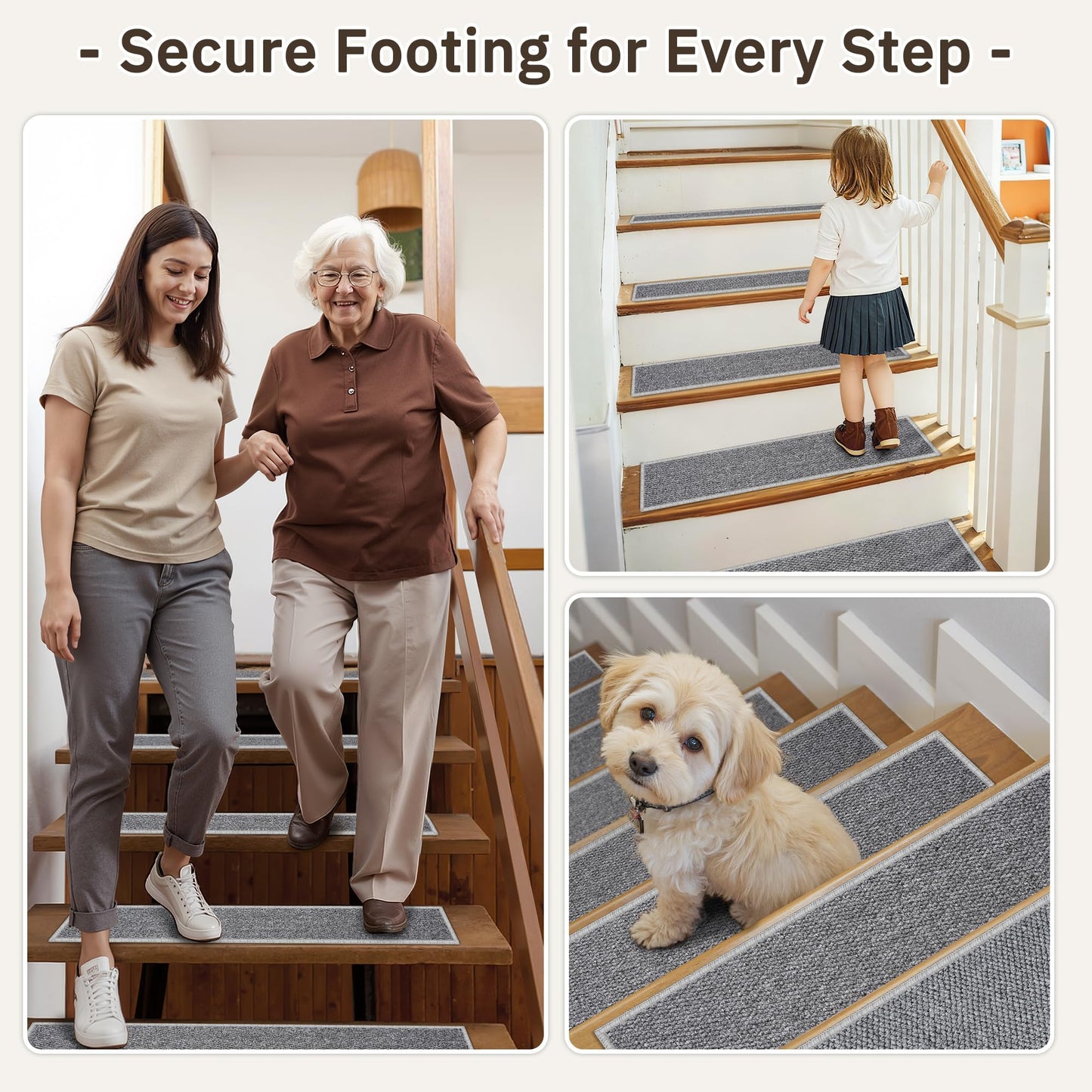 Carpet Stair Treads Non Slip - 4 Pack 8" x 30" Peel and Stick Stairs Tread for Wooden Steps Washable Stair Runners Rug Stain Resistant Edging Staircase Mat for Kids and Dogs(4pc, Grey)
