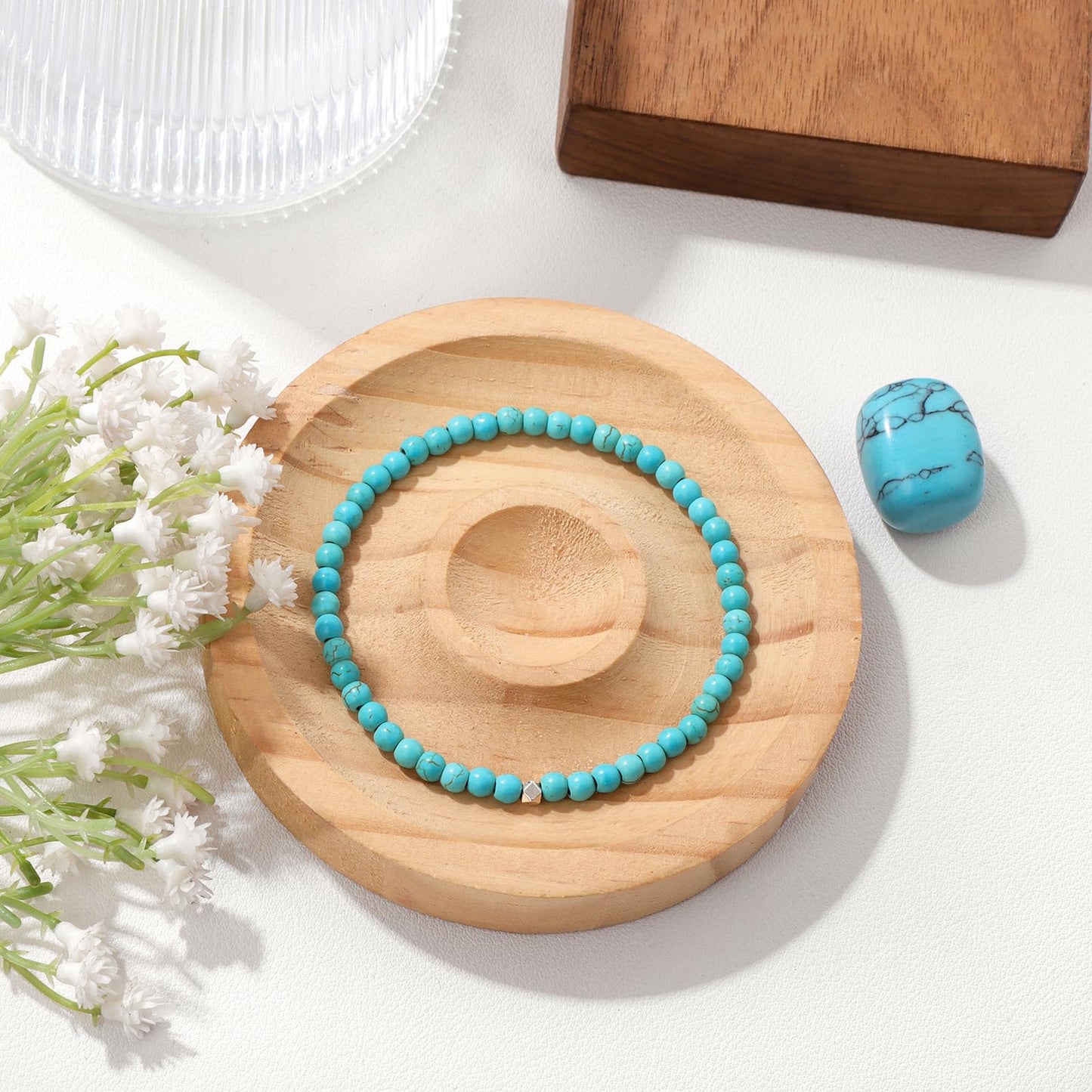 Raicegs 4MM Turquoise Beaded Bracelets Healing Crystal Bracelet for Women Men Natural Stone Handmade Stretch Bracelet Reiki Spiritual Jewelry