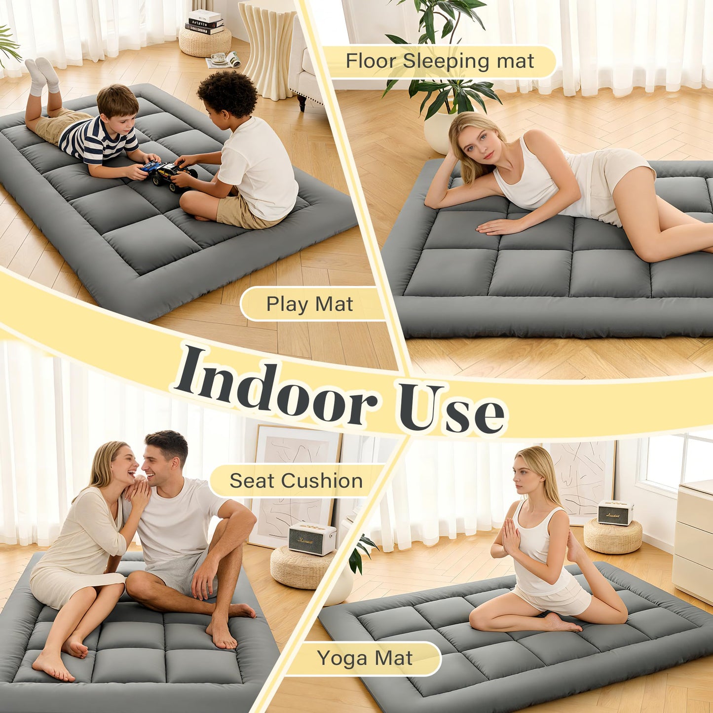 DOWNSTORIA Japanese Floor Mattress, Foldable Futon Mattress Tatami Mat with Handle, Roll Up Camping Sleeping Pad for Adults, Guestroom Floor Bed, Twin Size, Grey