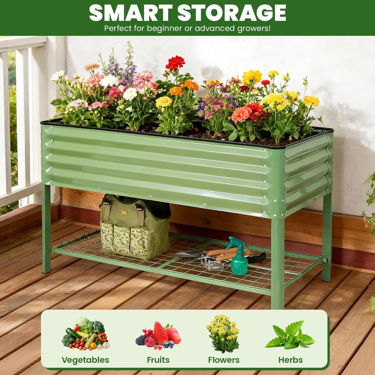 Elevated Raised Garden Bed 2' x 4'- Galvanized Metal Planter Boxes with Legs & Storage Rack, Outdoor Planters for Backyard/Patio/Balcony, with Drainage Holes for Vegetables, Flowers, Herbs, Green