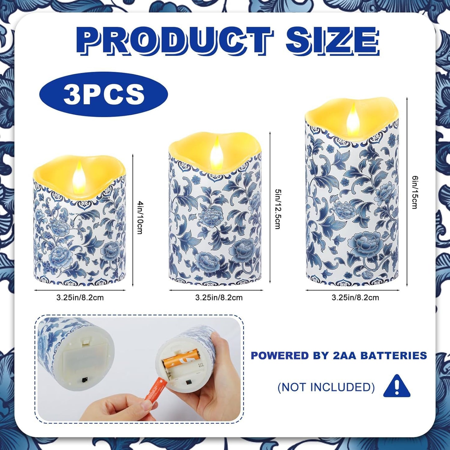 Lebaley 3PCS Chinoiserie Flameless Candles – Blue and White Porcelain Candles with Remote,Floral Battery Operated LED Candles,Blue Pillar Candles Chinoiserie Decor for Home Weddings Party Festivals