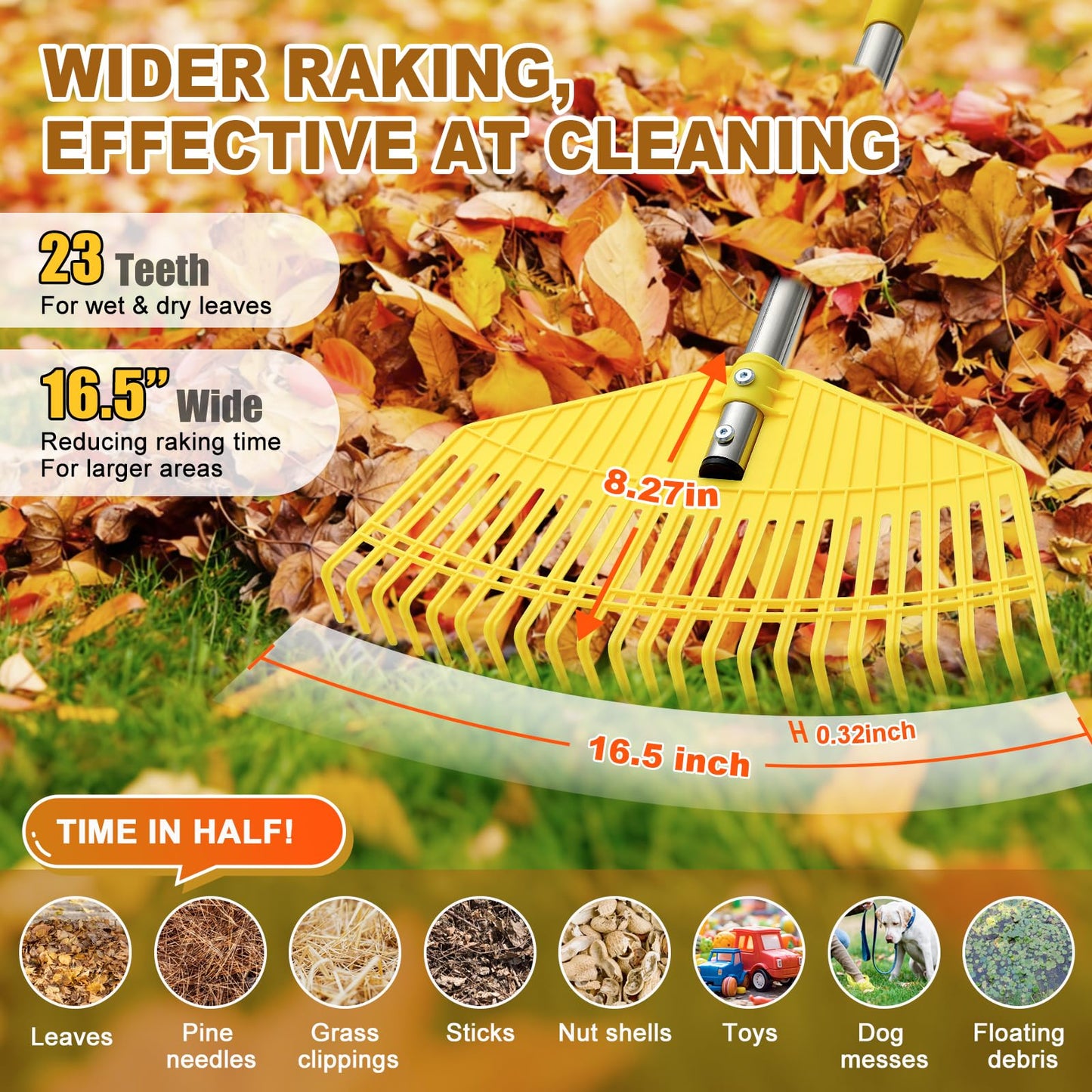 Leaf Rake - 16.5" Wide Nylon Plastic Head,51" Adjustable Stainless Steel Handle,Heavy Duty Gardening Leaves Rake Tools for Garden Lawns,Yard,Shrub,Grass - Lightweight for Women,Seniors & Kids