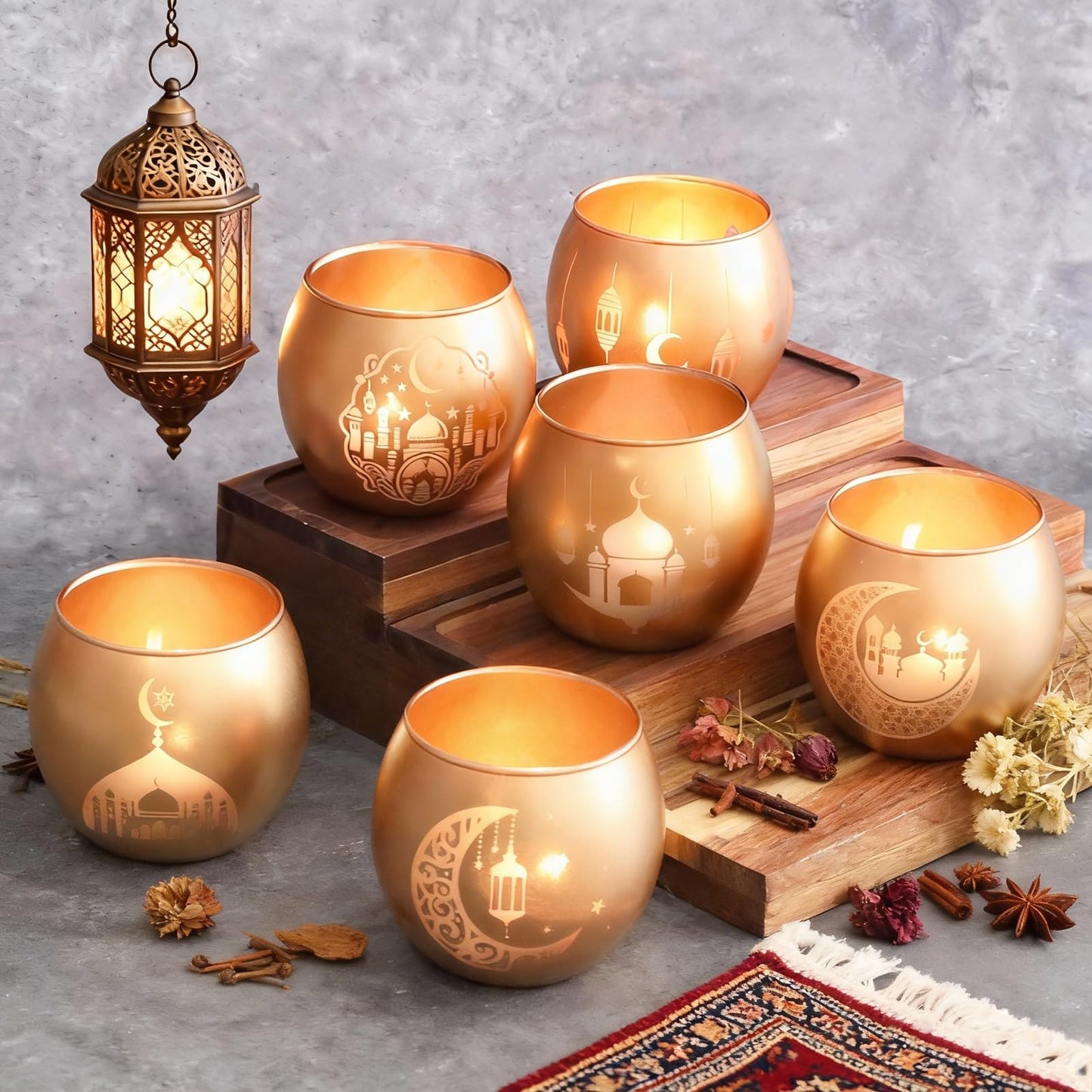 Gold Ramadan Decorations for Home Set of 6, Mosque & Crescent Moon Glass Tealight Candle Holders, Star & Lantern Votive Holders for Ramadan Table Decor, Elegant Eid Mubarak Islamic Gifts