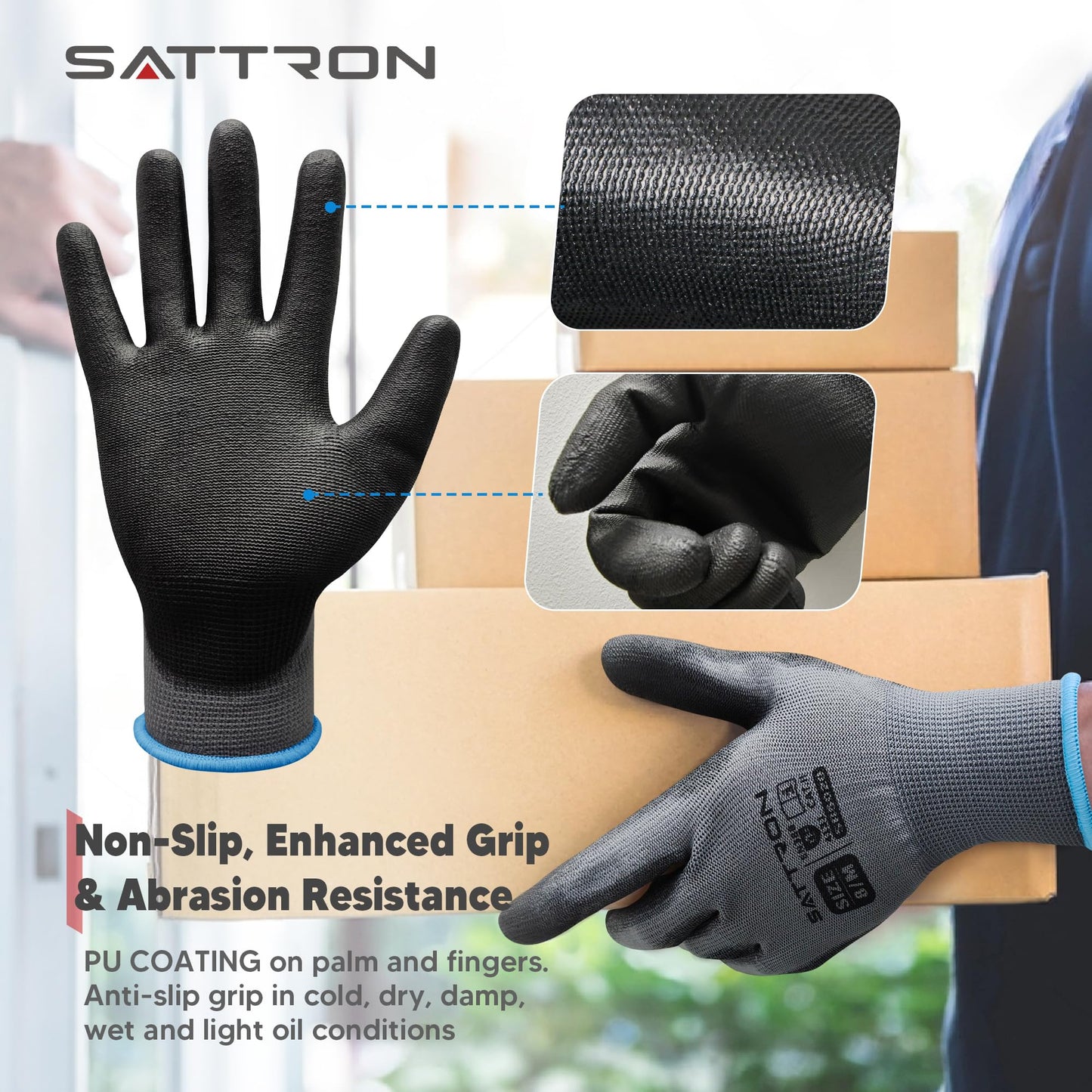 SATTRON Safety Work Gloves PU Coated, 12 Pairs Seamless Knit Gloves with Polyurethane Coating Working Gloves Excellent Grip for Men & Women, Breathable, Ideal for General Duty Work DIY ((Grey, Small)