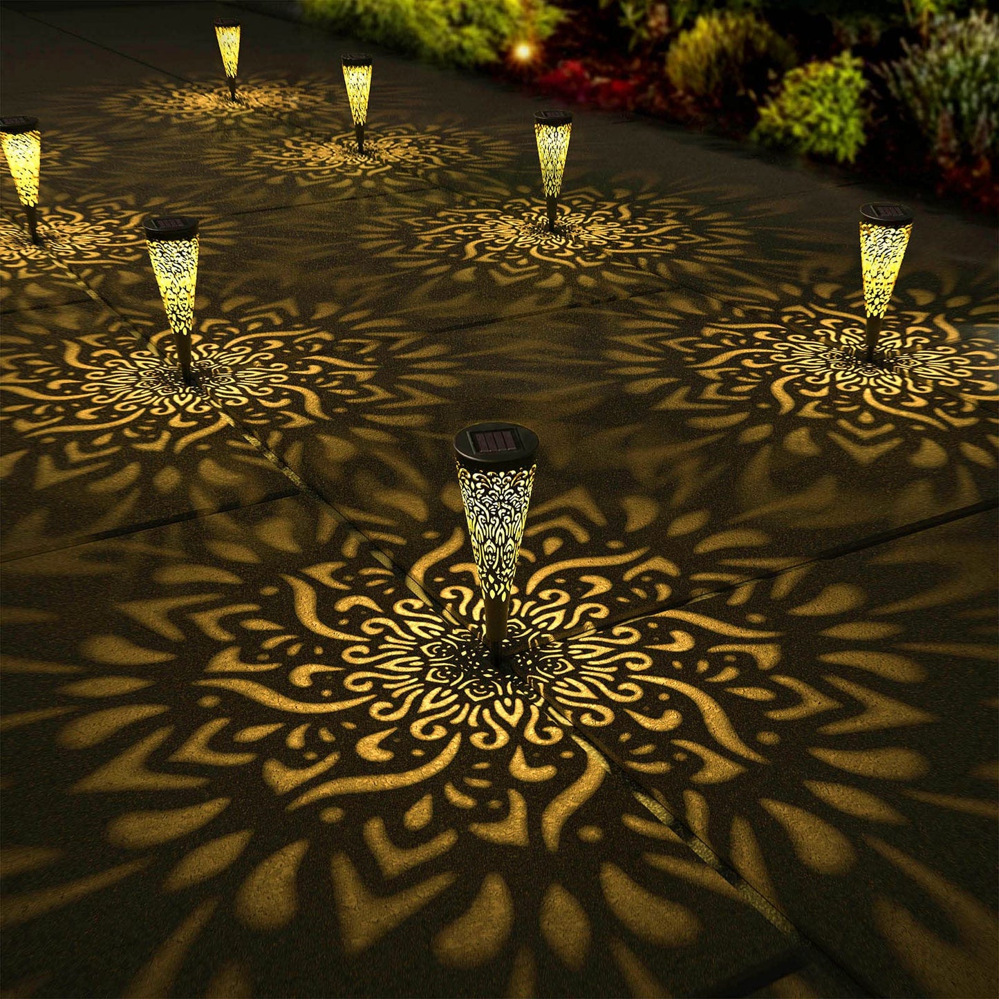 gardencave 6 Pack Solar Lights Outdoor Garden Decorative Mandala Solar Garden Lights with Warm Light Waterproof Solar Pathway Landscape Lights for Path Patio Backyard Walkway Yard Lawn Decor (Black)
