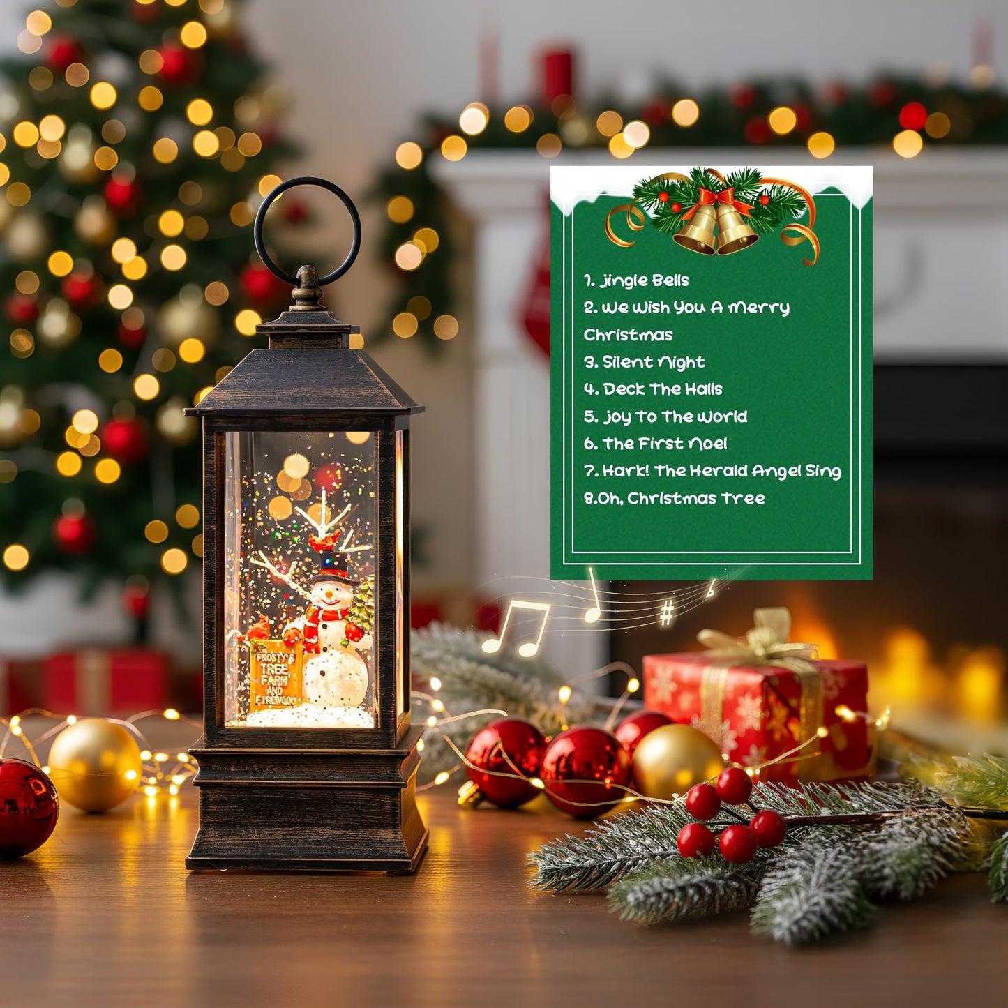 Christmas Snow Globe Water Glittering Farm Snowman with Music & Timer, USB Lined/Battery Operated Lighted Lantern for Christmas Festival Decoration Gifts