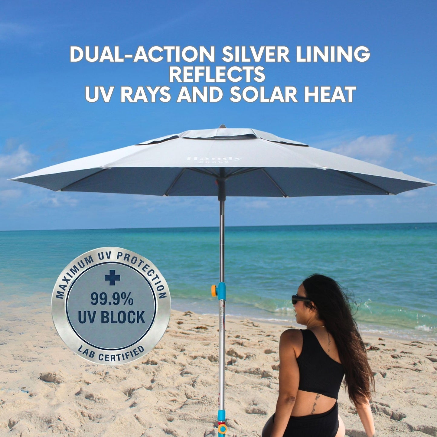 Handy Beach Umbrella with 10 Second Easy Setup Hammer In Anchor - 7ft Large Portable Heavy Duty High Wind Stability Beach Umbrellas For Sand-ASTM F3681 Safety Verified-Silver Coated UPF 55-2026 Model