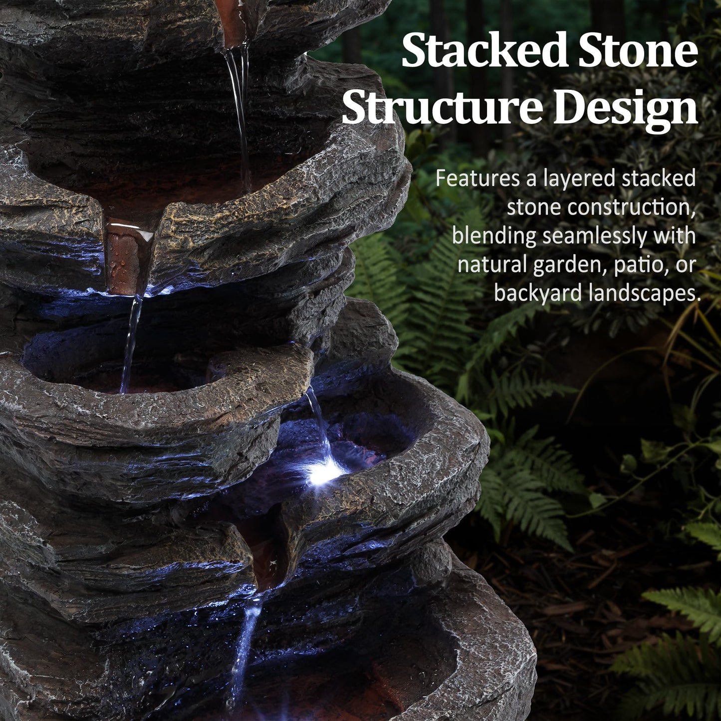 Anunweldo 19.7" Tall Outdoor Water Fountain, 5 Tier Cascading Bowls and Stacked Water Fountain with LED Lights, for Yard Décor, Backyard, Patio and Deck (19.7'')