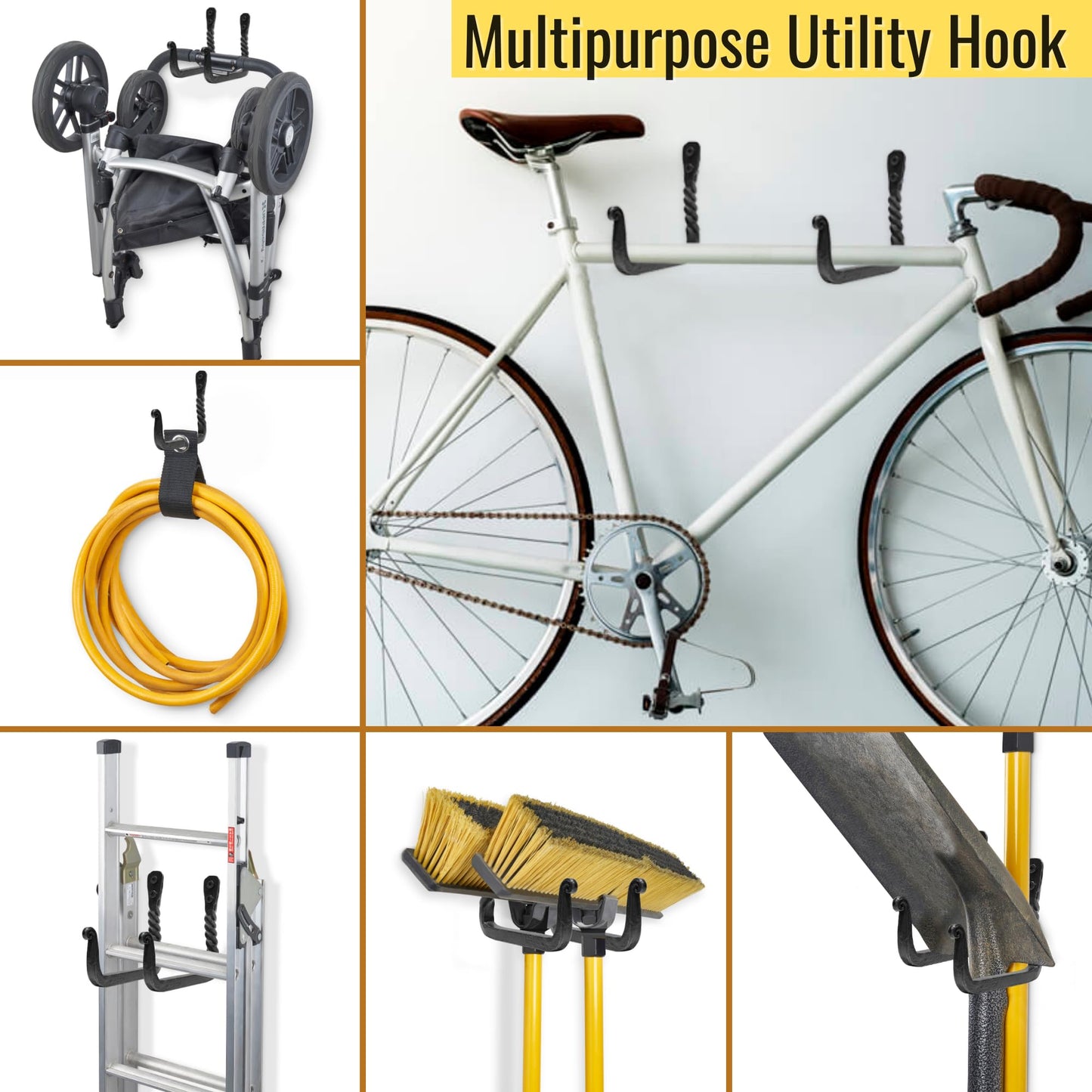 Unique Hand Crafted Pair of 2 Wall Hooks. Real Heavy Duty 50kgs Tested Wall Hooks for Garage, Garden Wheel Barrow, Heavy ladders, Bicycles