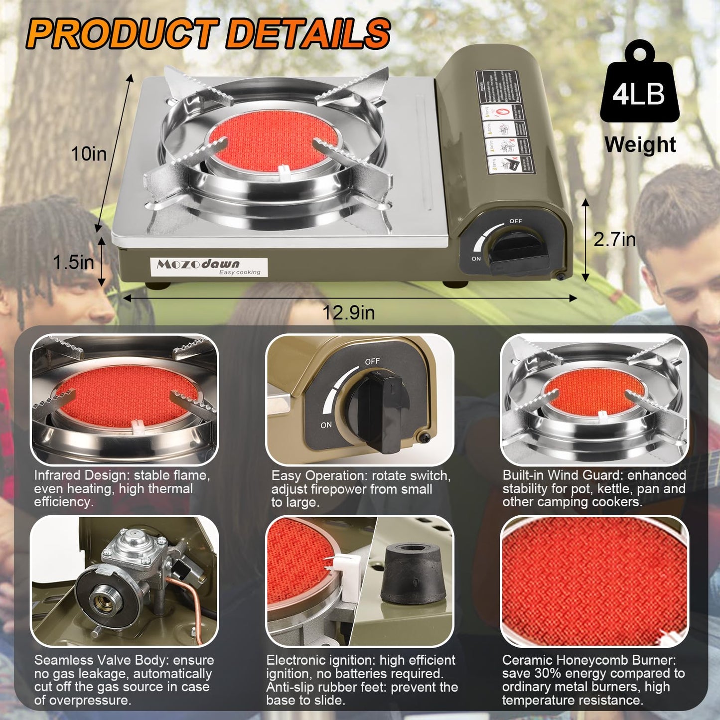 MOZODAWN Dual Fuel Camp Stove, 8000 BTU Infrared Butane & Propane Portable Gas Stove, Windproof Single Burner with Carrying Case | Storage Bag | Hose Adapter, Outdoor Camping Essentials